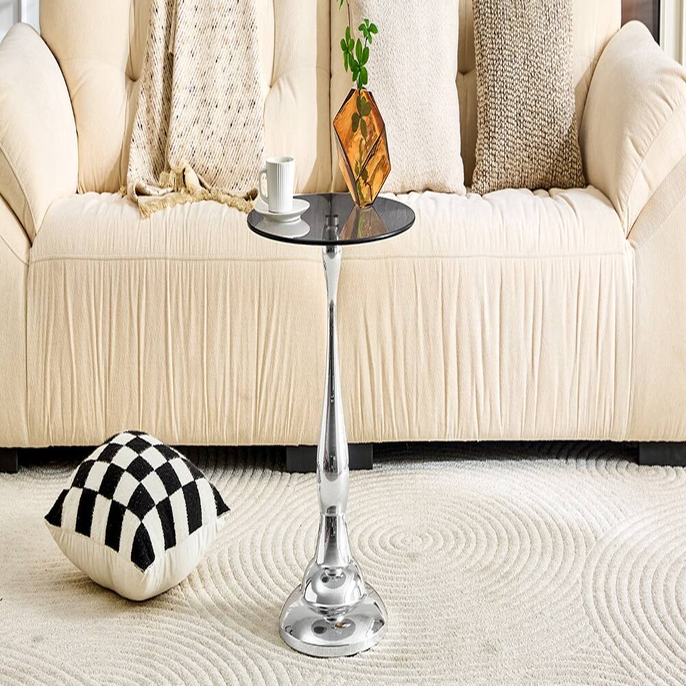 Alt View 7. Loheer - Loheer Small Metal Side Table Silver Round Glass Top End Table - Silver.