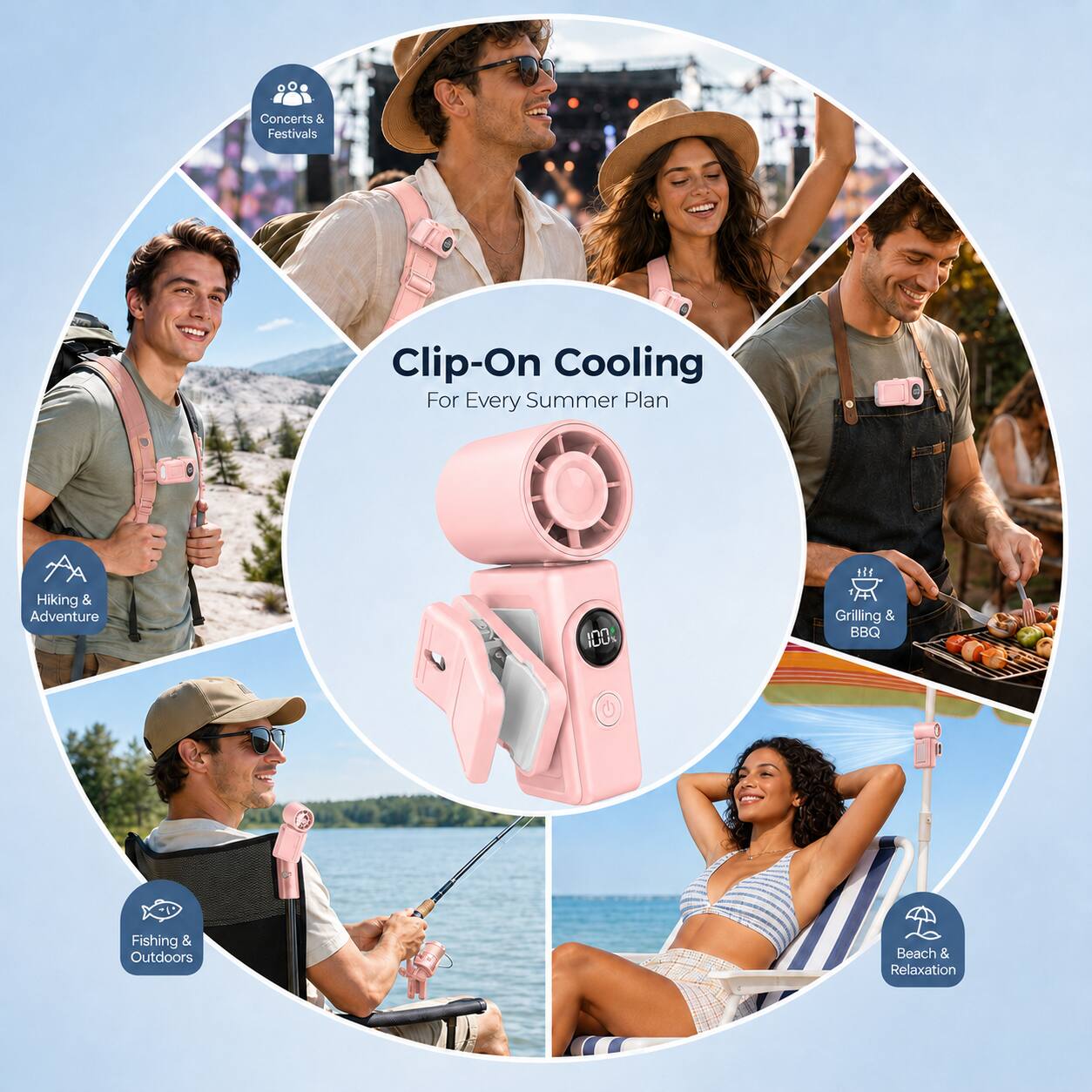 Concerts & Festivals  
Clip-On Cooling For Every Summer Plan  
114  
Hiking & Adventure  
Grilling & BBQ  
Fishing & Outdoors  
Beach & Relaxation