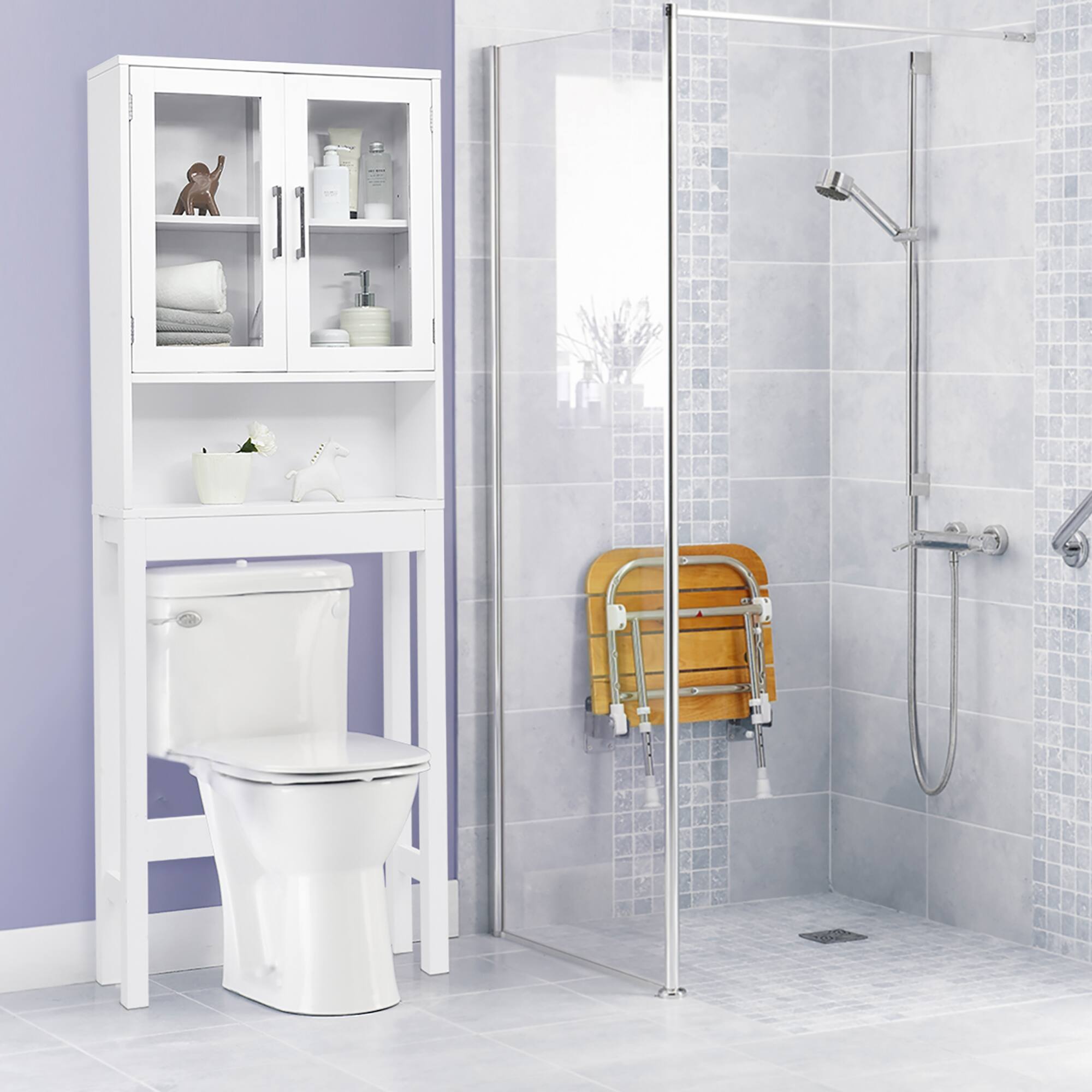 Alt View 3. Costway - Costway Over the Toilet Storage Cabinet Bathroom Space Saver w/Tempered Glass Door - White.