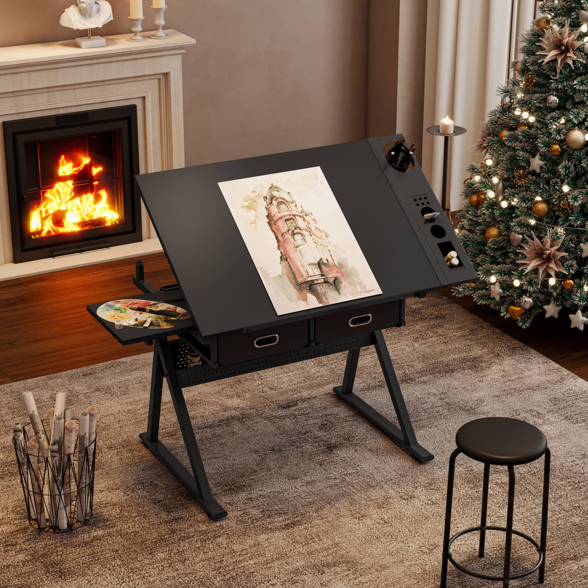 Angle. GOODSILO - Adjustable Height Tiltable Drafting Table Desk with Storage Drawers and Included Stool for Artists and Students - Black.