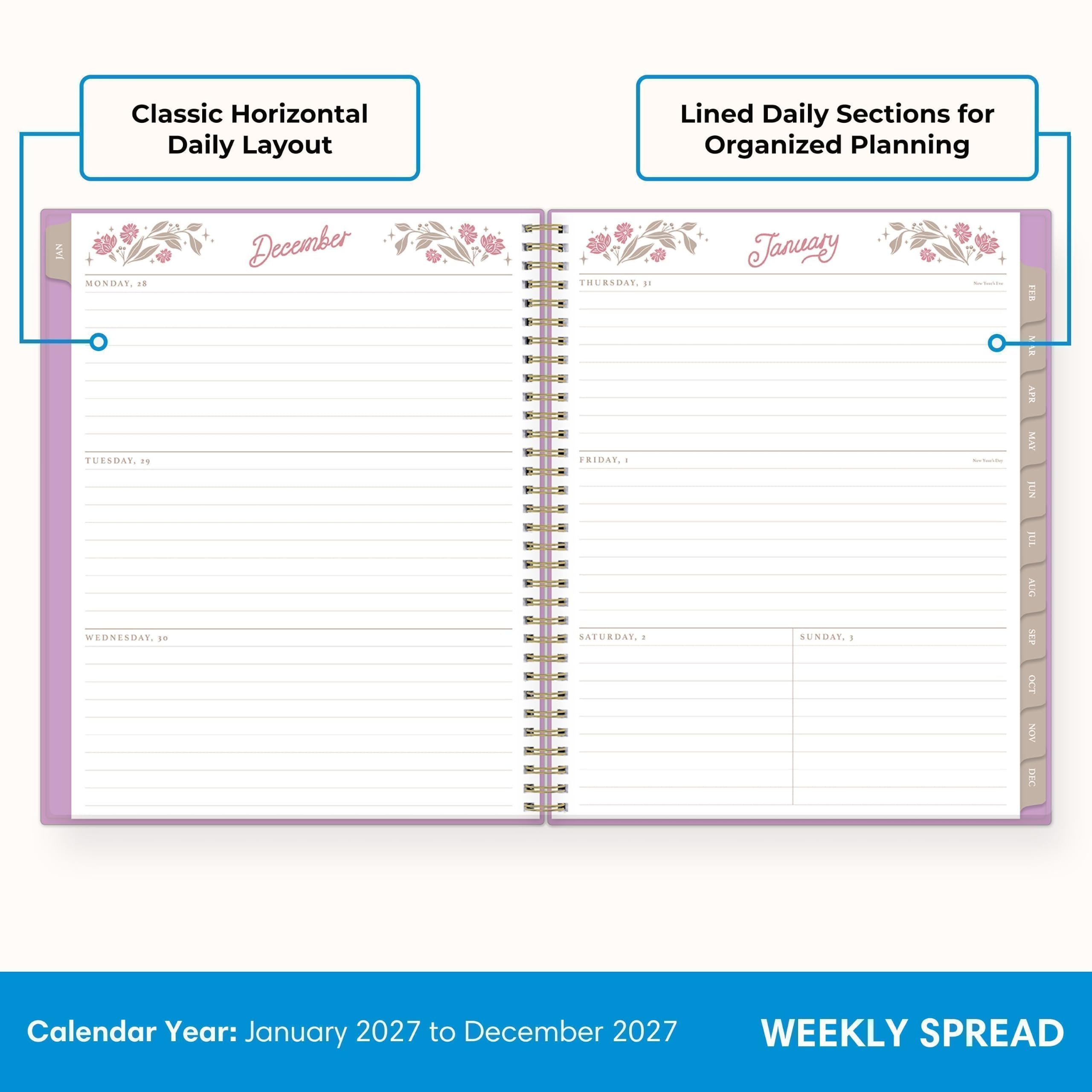 Classic Horizontal Daily Layout  
Lined Daily Sections for Organized Planning  

IAN  
MONDAY, 18  
TUESDAY, 19  
WEDNESDAY, 30  
December  
THURSDAY, 11  
FRIDAY, 1  
SATURDAY, -  
SUNDAY, |  

Calendar Year: January 2027 to December 2027  
WEEKLY SPREAD
