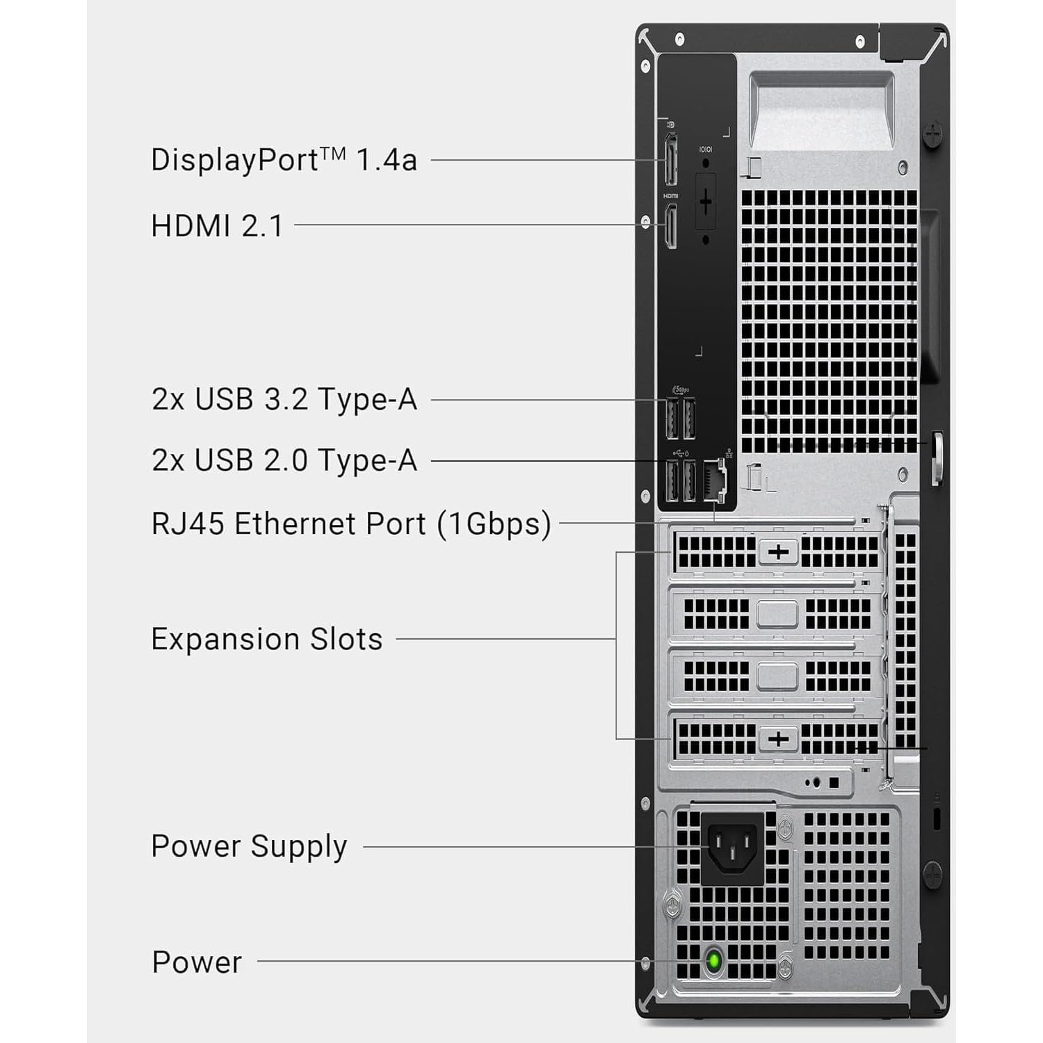 - DisplayPort™ 1.4a
- HDMI 2.1
- 2x USB 3.2 Type-A
- 2x USB 2.0 Type-A
- RJ45 Ethernet Port (1Gbps)
- Expansion Slots
- Power Supply
- Power