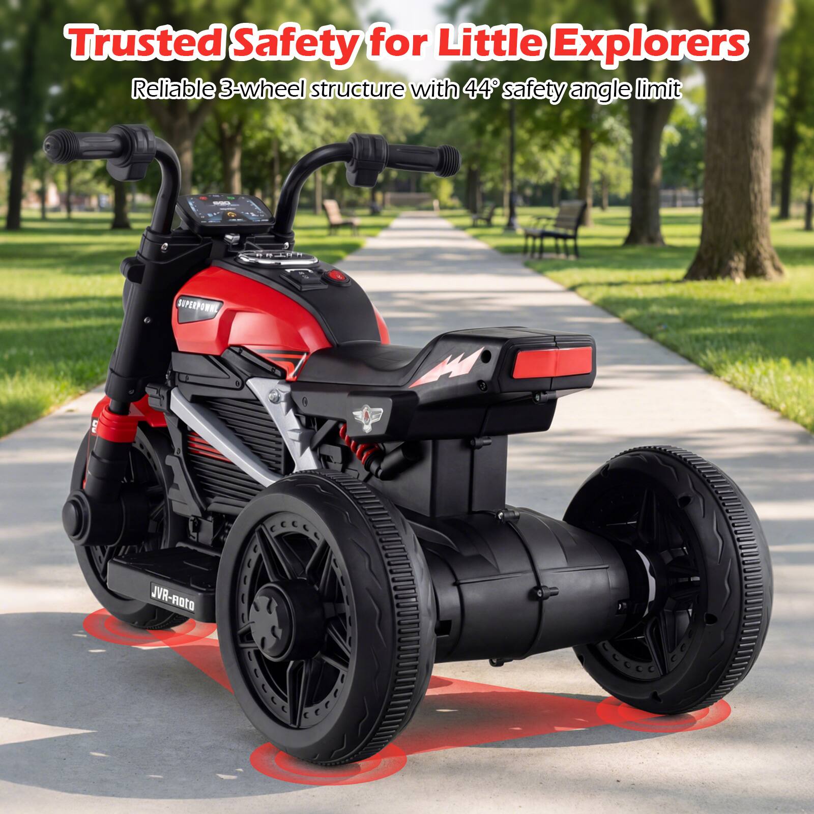 Trusted Safety for Little Explorers  
Reliable 3-wheel structure with 44° safety angle limit