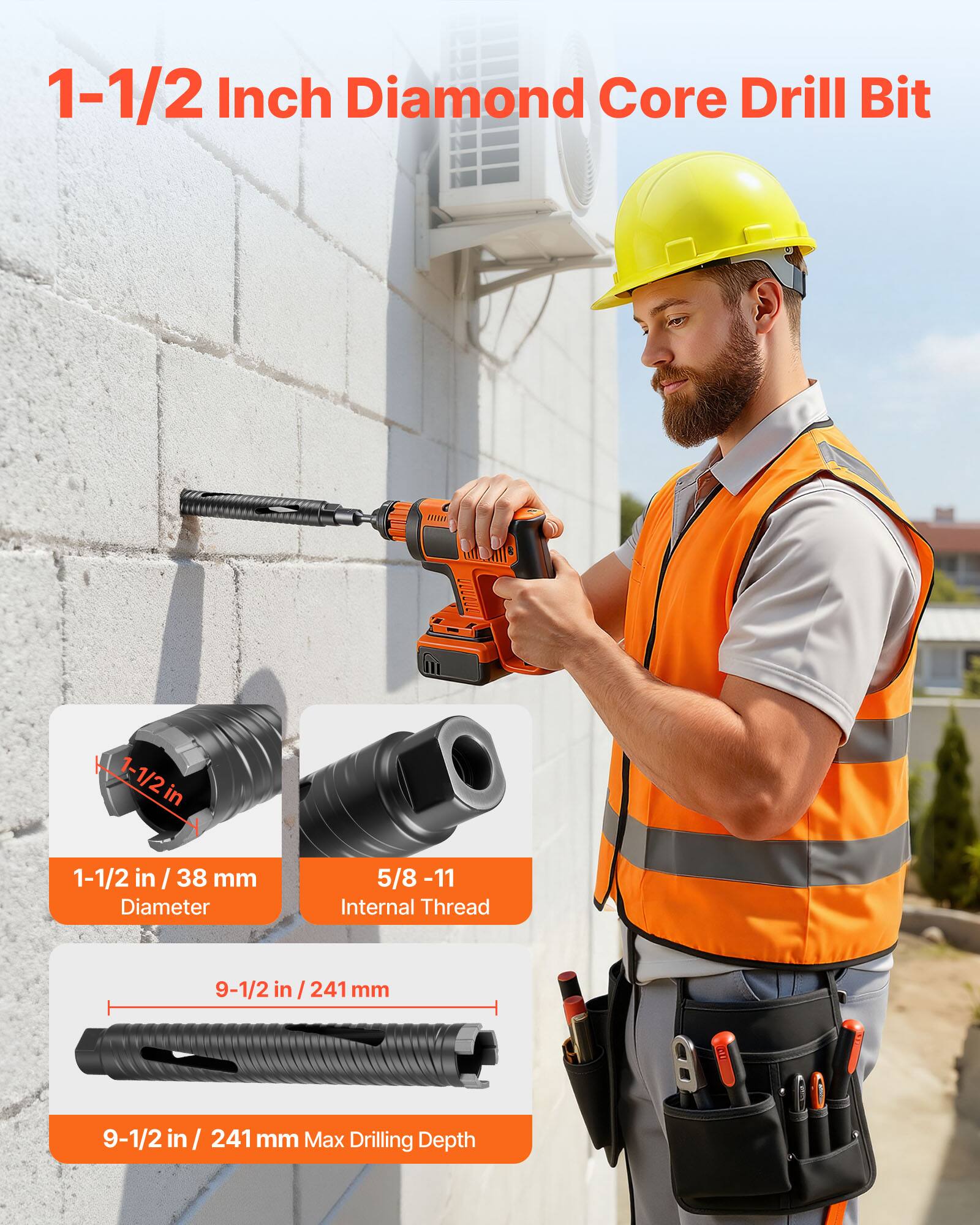 1-1/2 Inch Diamond Core Drill Bit

- 1-1/2 in / 38 mm Diameter
- 5/8 -11 Internal Thread
- 9-1/2 in / 241 mm Max Drilling Depth