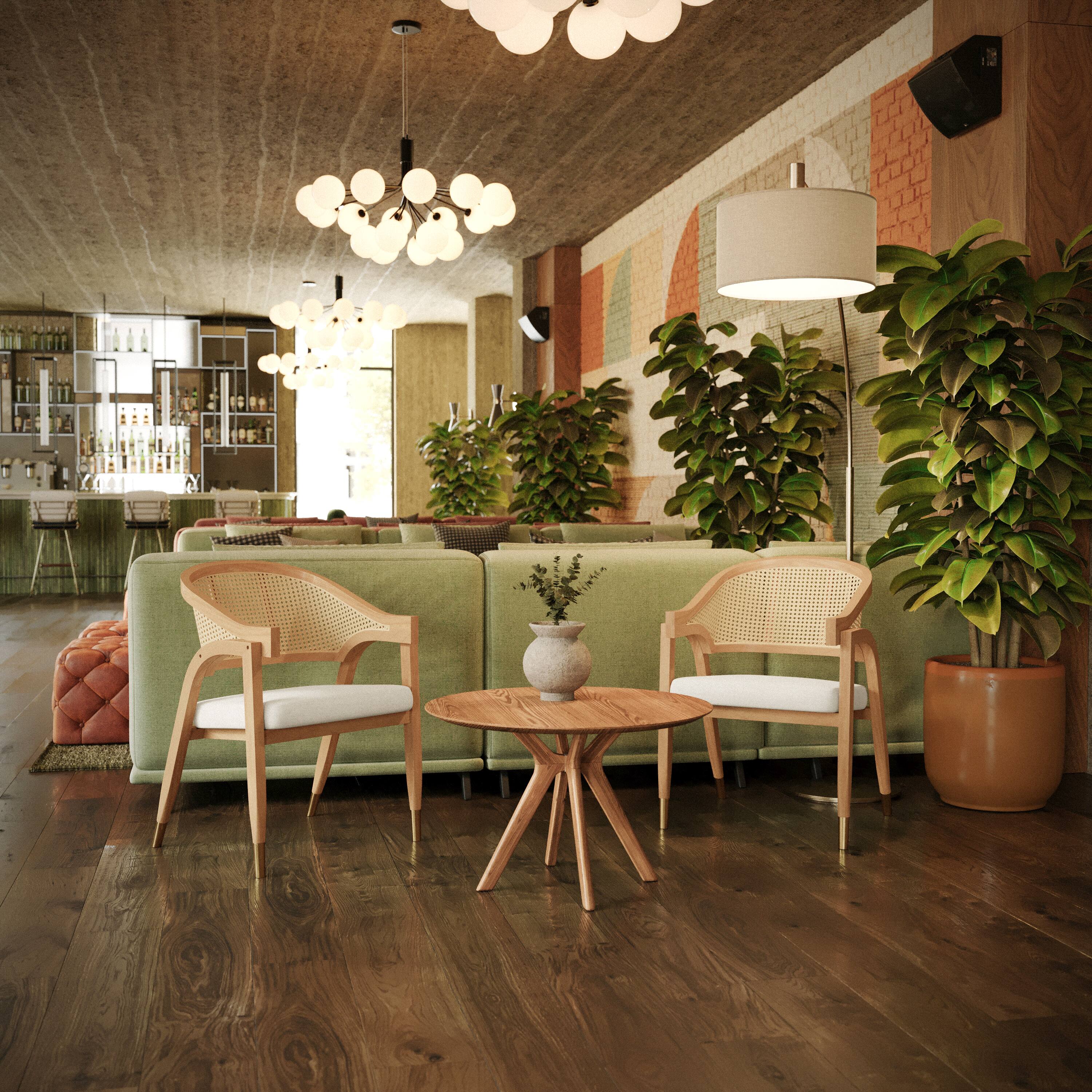 Alt View 2. Flash Furniture - Naomi Commercial Cane Rattan Dining and Accent Chair with Solid Wood Frame Featuring Gold Tipped Legs and Beige Padded S - Natural.