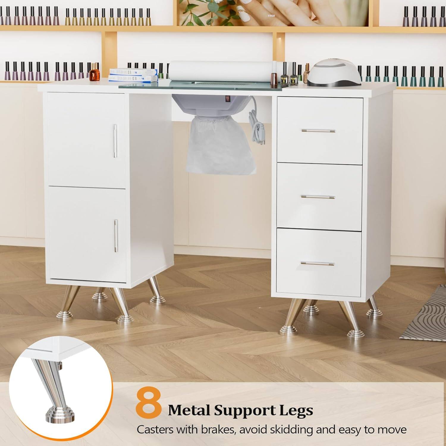 8 Metal Support Legs  
Casters with brakes, avoid skidding and easy to move