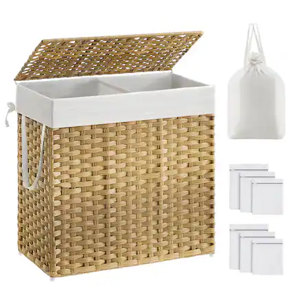 Front. Songmics Home - Laundry Hamper, 34 Gal. (130 L) Laundry Basket with Lid, Removable Bag with Handles, Handwoven Synthetic Rattan - Natural.