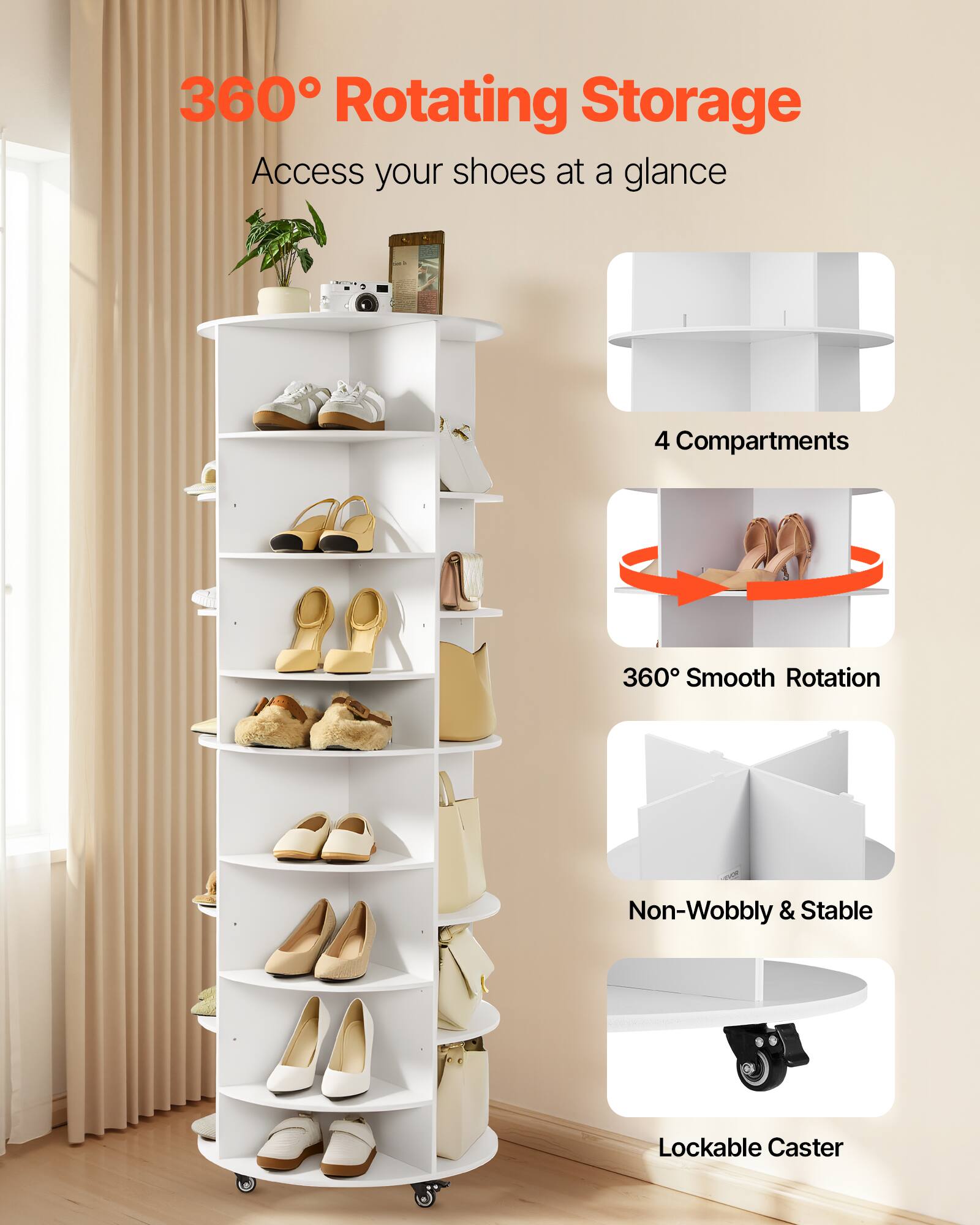 360° Rotating Storage  
Access your shoes at a glance  

4 Compartments  
360° Smooth Rotation  
Non-Wobbly & Stable  
Lockable Caster