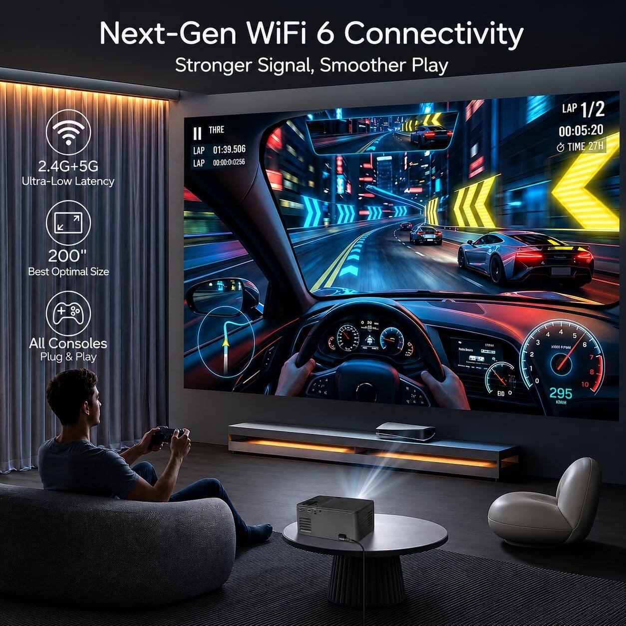 Next-Gen WiFi 6 Connectivity  
Stronger Signal, Smoother Play  

2.4G+5G Ultra-Low Latency  

200" Best Optimal Size  

All Consoles Plug & Play  

II THRE  
LAP 01:39.506  
LAP 00:00:00256  
LAP 1/2 00:05:20  
TIME 27H  

4 4 5 3 & XXIII  2 7 1 8 0 10 295 KMM