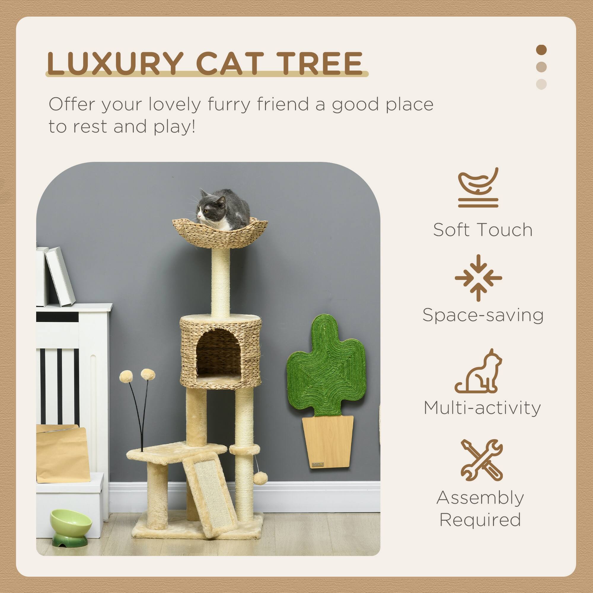 Back. Pawhut - 45" Cat Tree for Indoor Cats, Tower with Scratching Posts, Ramp, Condo, Toy Balls, Platforms, Bed - Beige.
