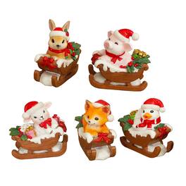 OrnamentallyYou - Christmas Critters Animals on Sleighs Set of Five Figurines, 5" Tabletop Holiday Animal Decor - Multicolored