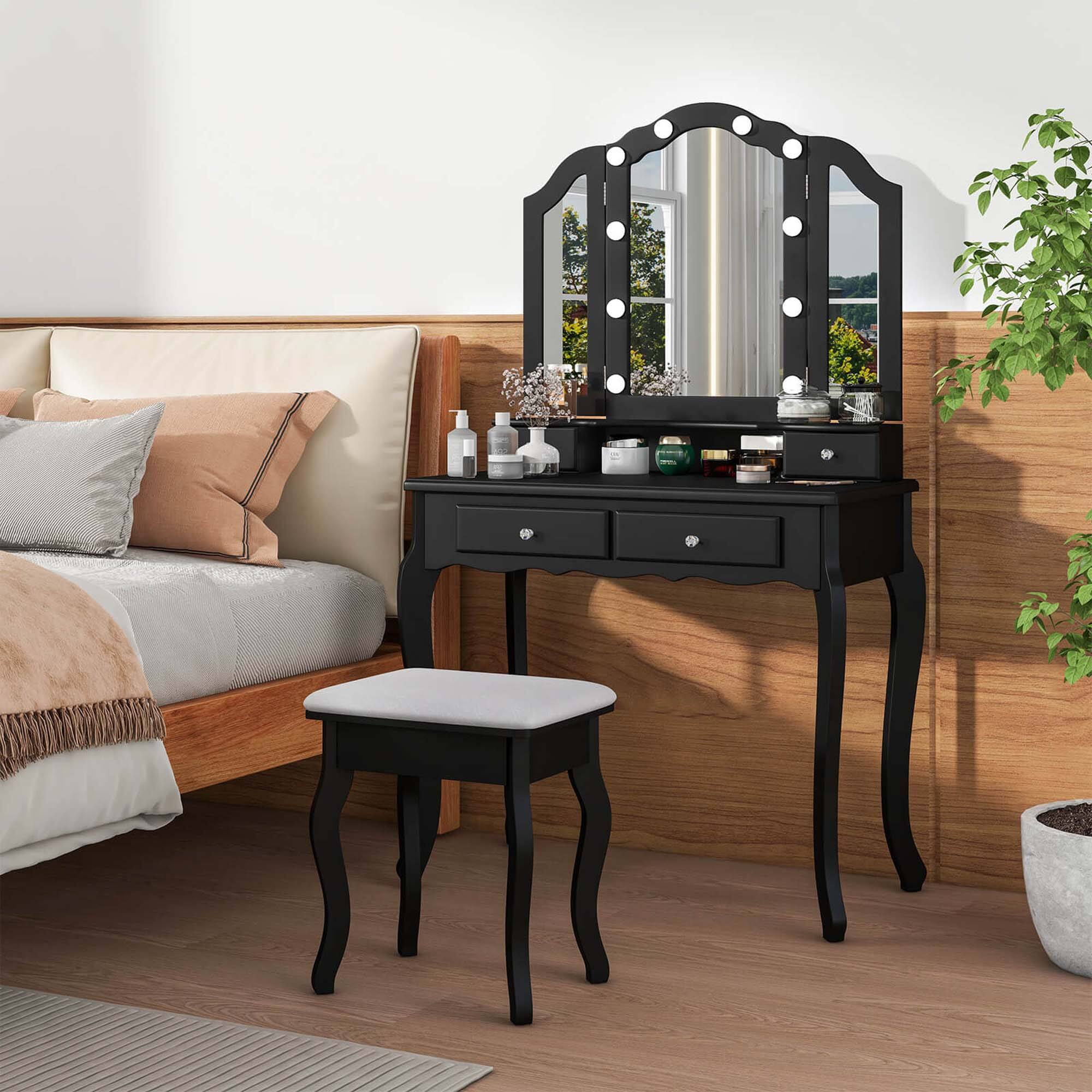 Costway Makeup Vanity Set with Tri Fold Mirror & LED Lights 4 Drawers
