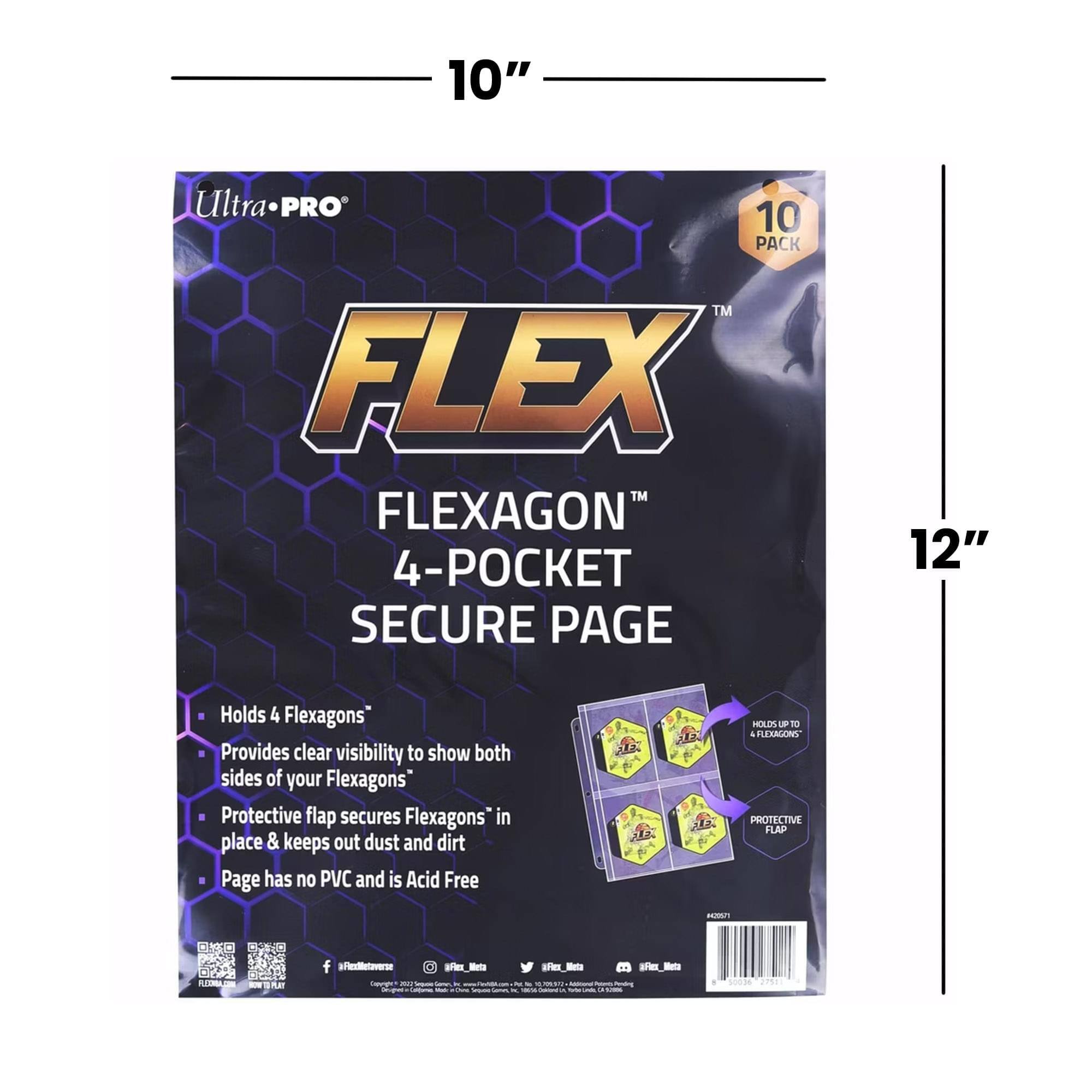 10" Ultra PRO 10 PACK TM FLEX T FLEXAGON" 4-T SECURE PAGE 12" Holds 4 Flexagons" Provides clear visibility to show both sides of your Flexagons" Protective flap secures Flexagons" in place & keeps out dust and dirt Page has no PVC and is Acid Free