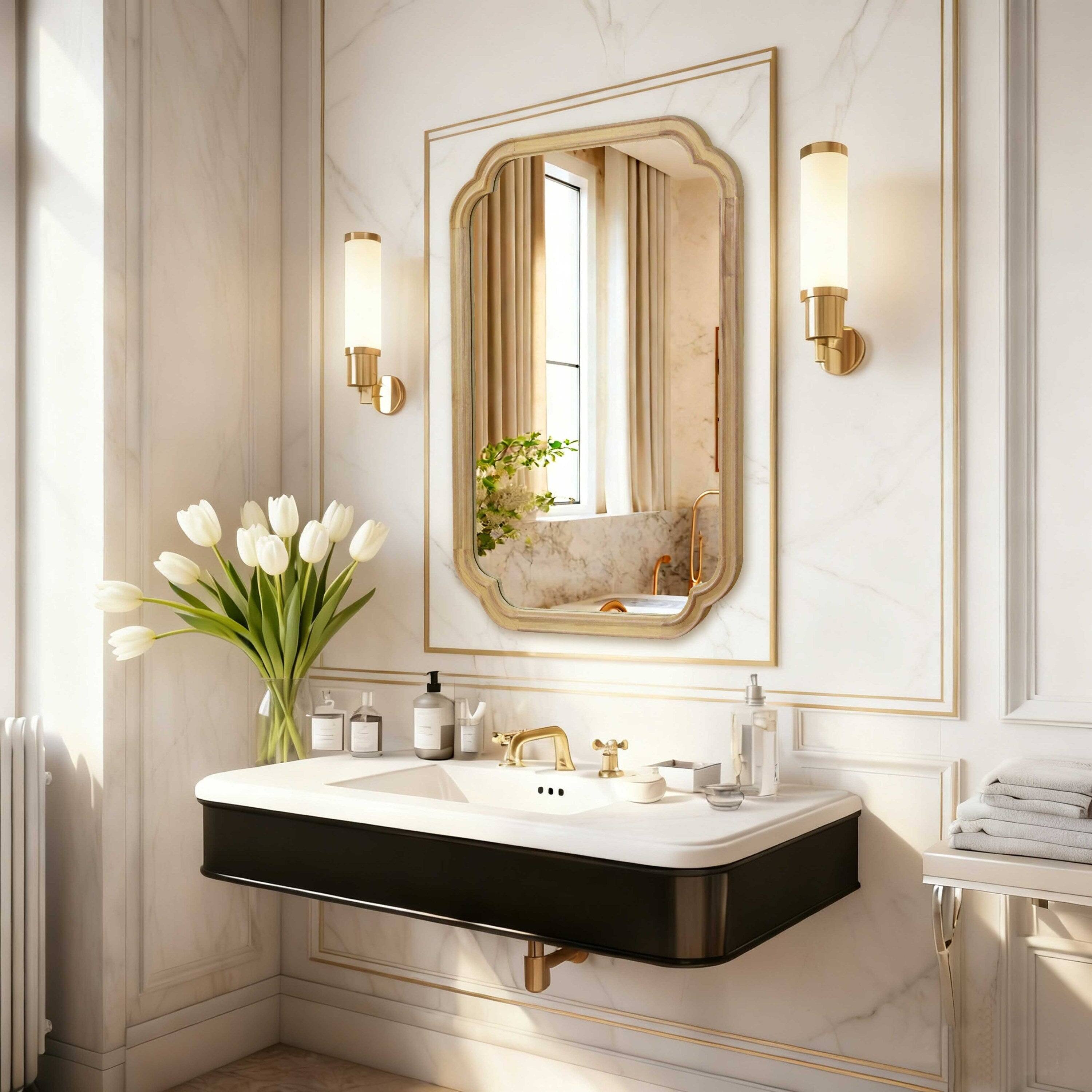 Alt View 1. BreeBe - 24x36 Natural Wood Solid Wood Rounded Corner Decorative Mirror for Bedroom Bathroom Living Room Entryway - Natural Wood.