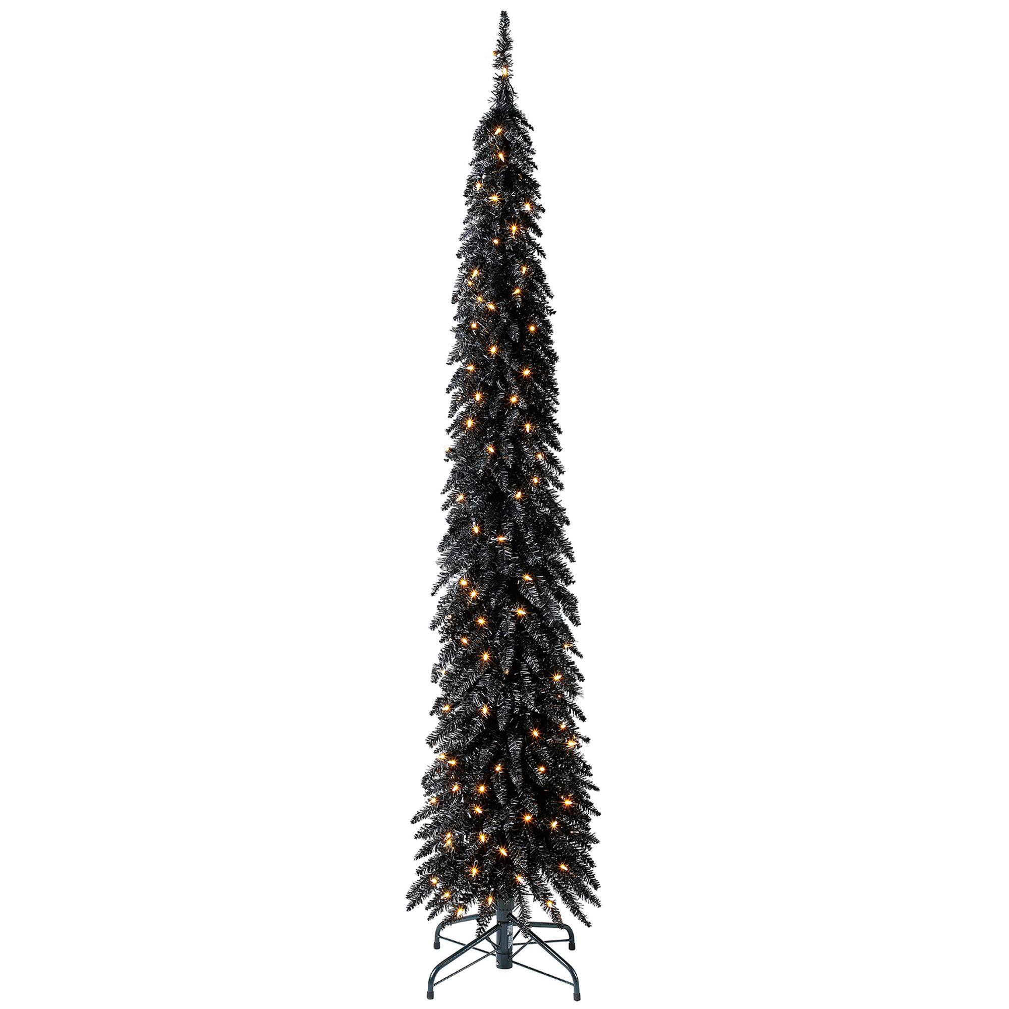 Home Heritage - Tinsel 7' Pencil 150 LED Pre-Lit Artificial Christmas Tree - Black