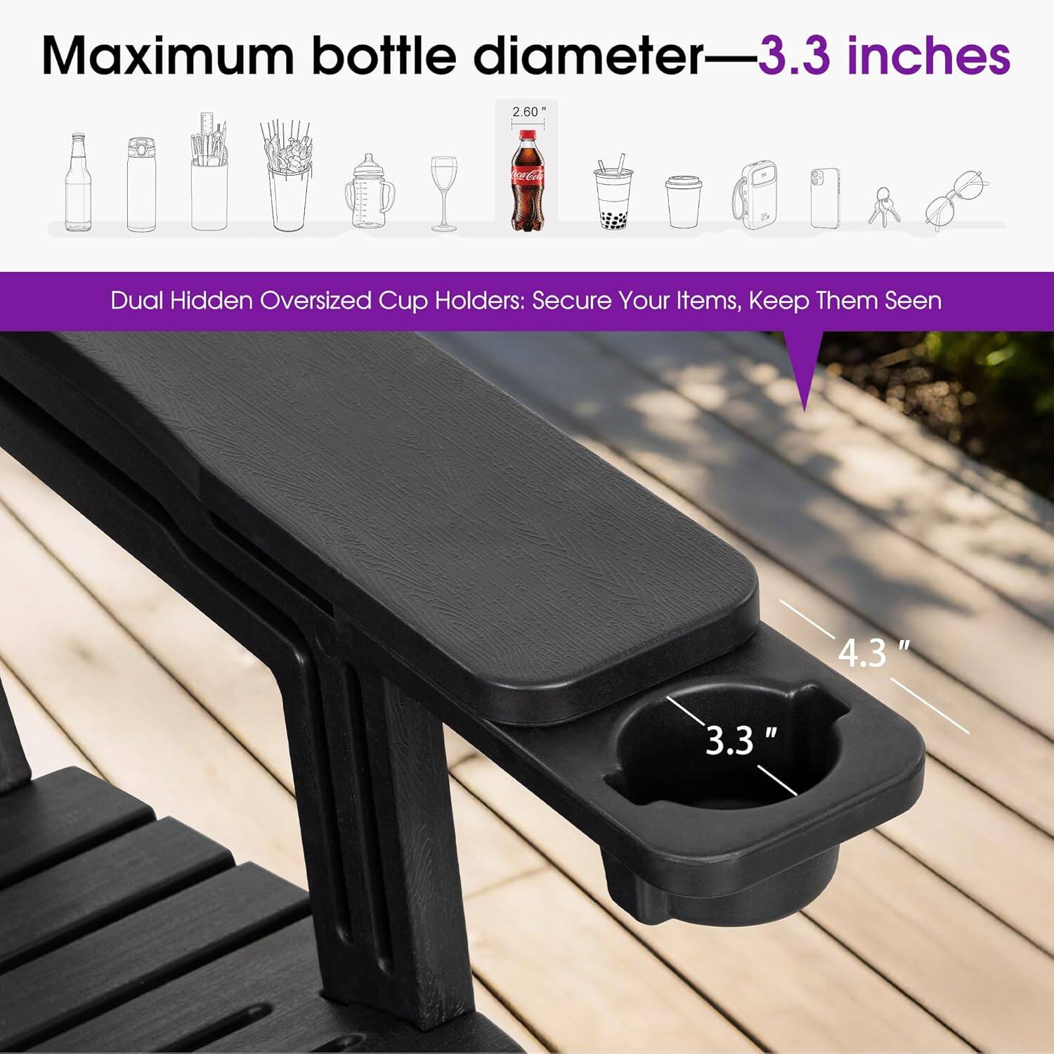 Maximum bottle diameter—3.3 inches

Dual Hidden Oversized Cup Holders: Secure Your Items, Keep Them Seen