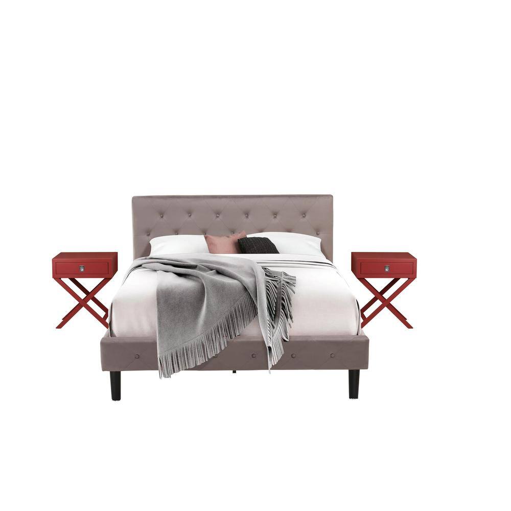 Alt View 4. East West Furniture - NL14Q-2HA13 3 Pc Bedroom Set - 1 Queen Bed Brown Taupe Velvet Fabric Headboard and 2 Night Stands - Burgundy Finish - Taupe Brown.