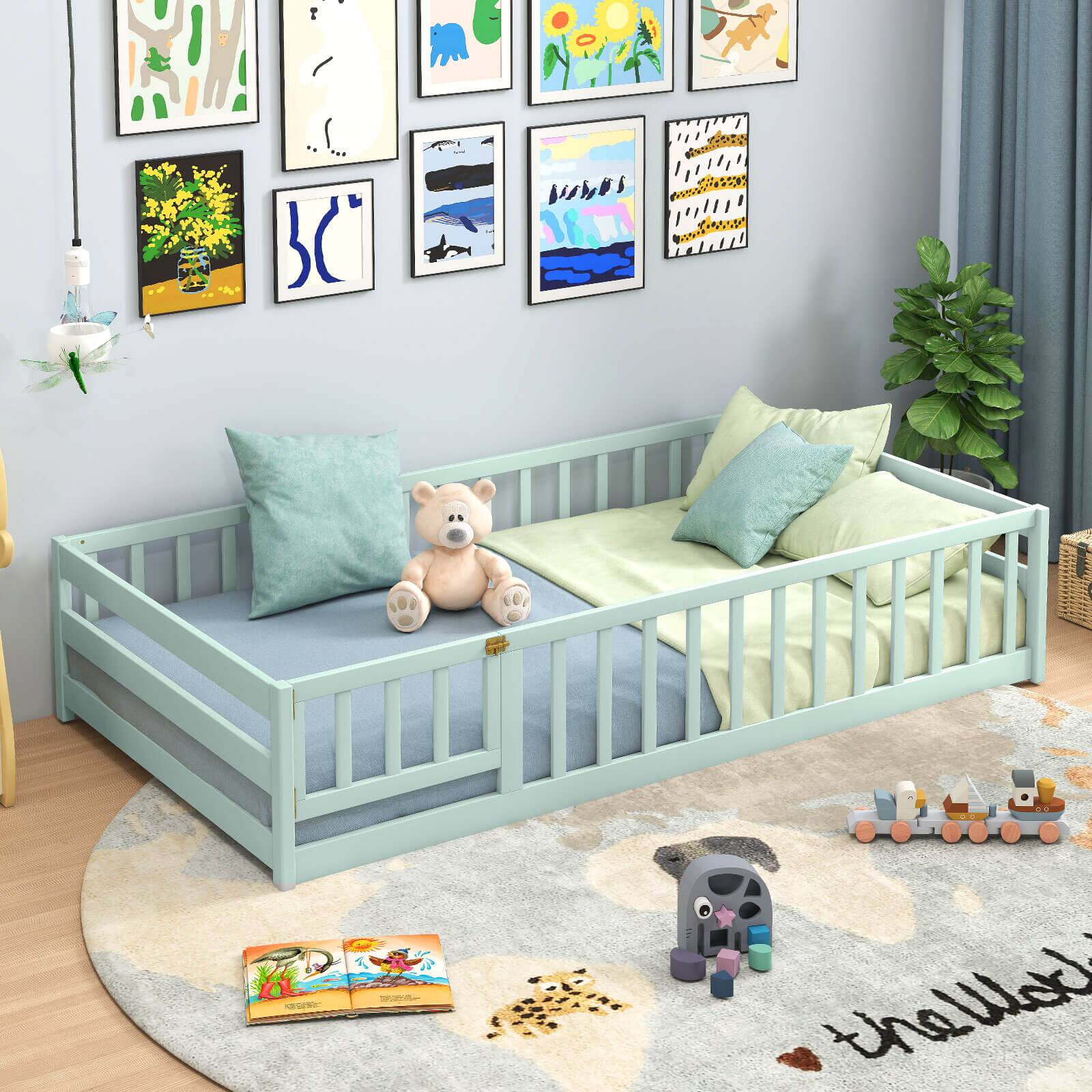 Alt View 4. Costway - Costway Twin Size Wooden Floor Bed with Full Length Safety Guardrails Door & Latch - Mint Sky.