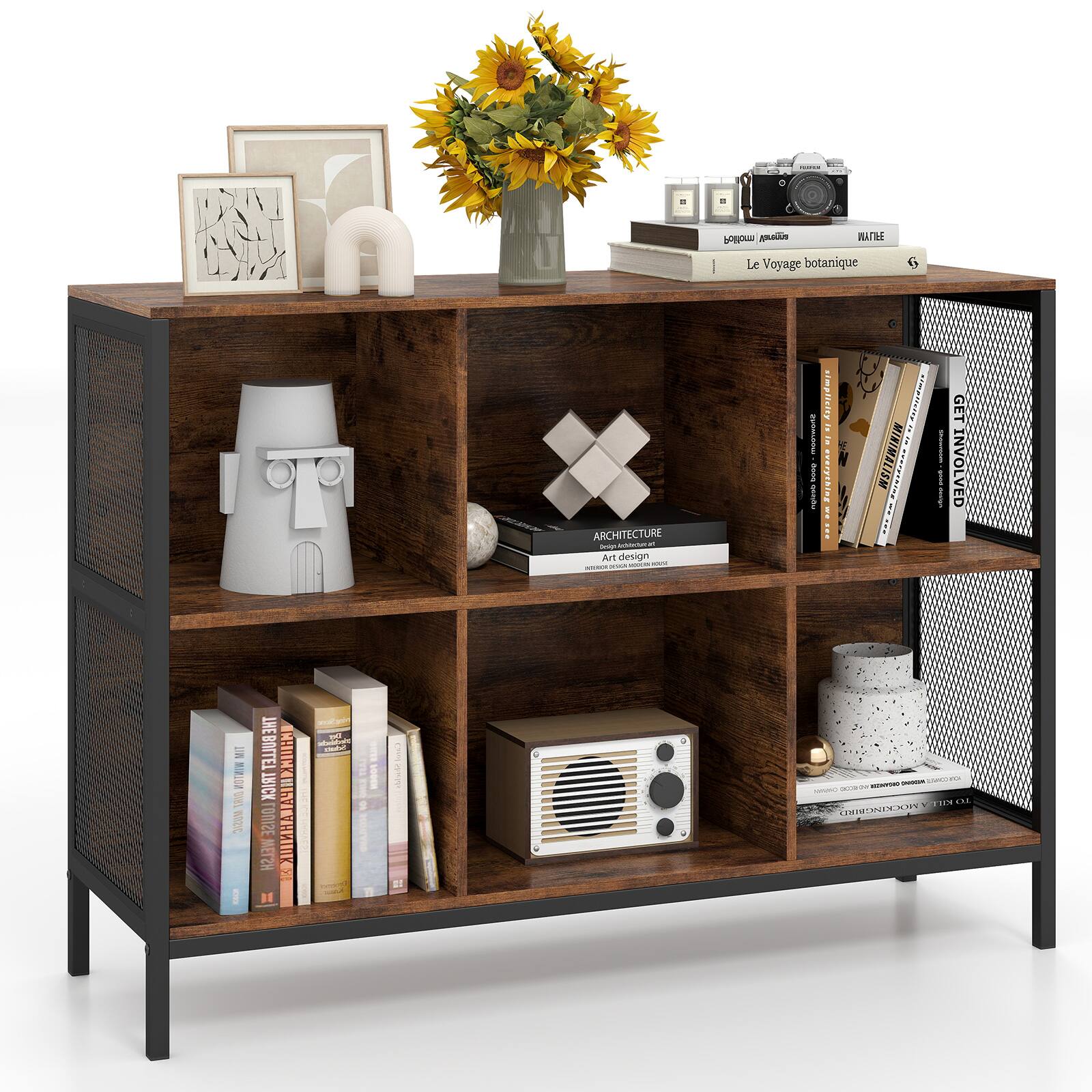 Gymax - 6 Cube Bookcase 42'' Wide Horizontal Bookshelf w/ Heavy-Duty Metal Frame - Brown