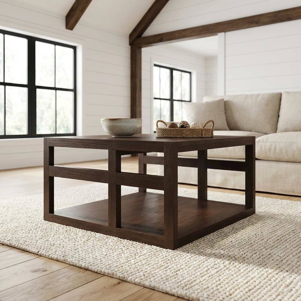 Left. FurniFact - Square Coffee Table in Neutral Finish with Lower Shelf and Contemporary Design - Espresso.