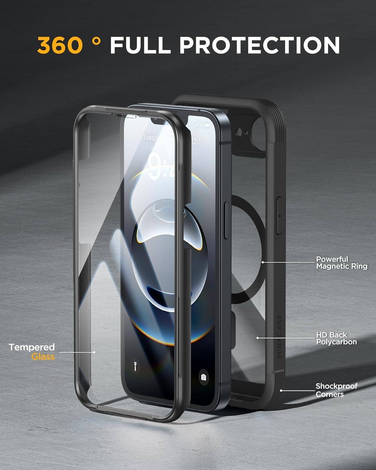 360° FULL PROTECTION

- Tempered Glass
- Powerful Magnetic Ring
- HD Back Polycarbon
- Shockproof Corners