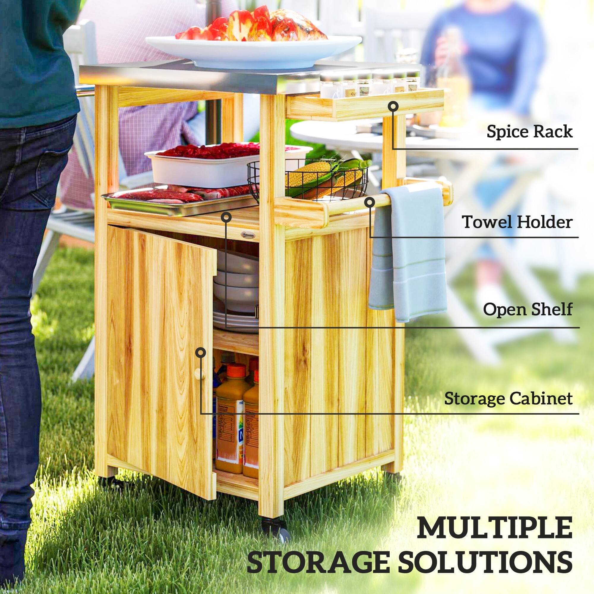 Spice Rack  
Towel Holder  
Open Shelf  
Storage Cabinet  

MULTIPLE STORAGE SOLUTIONS