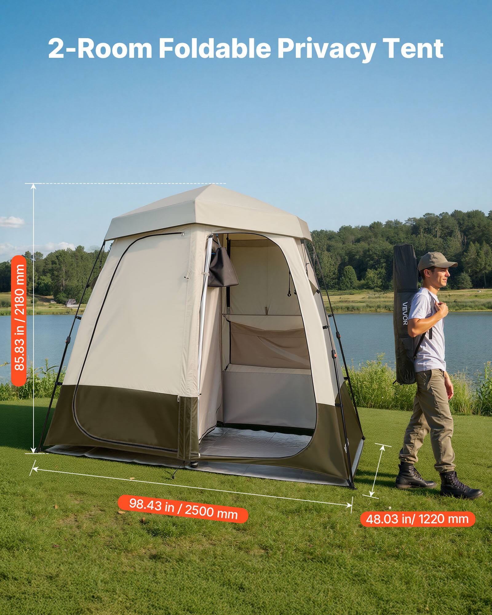 2-Room Foldable Privacy Tent

- Height: 85.83 in / 2180 mm
- Width: 98.43 in / 2500 mm
- Depth: 48.03 in / 1220 mm