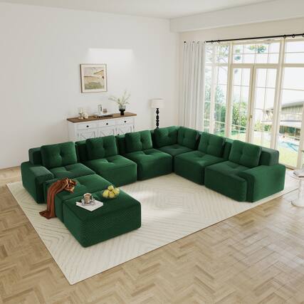 Front. Anysun - 6-Seat V-Shape Corduroy Corner Sectional Sofa - Deep-Seat Couch with 2 Ottomans, Pearl Piping, Tufted, No Assembly. - Green.