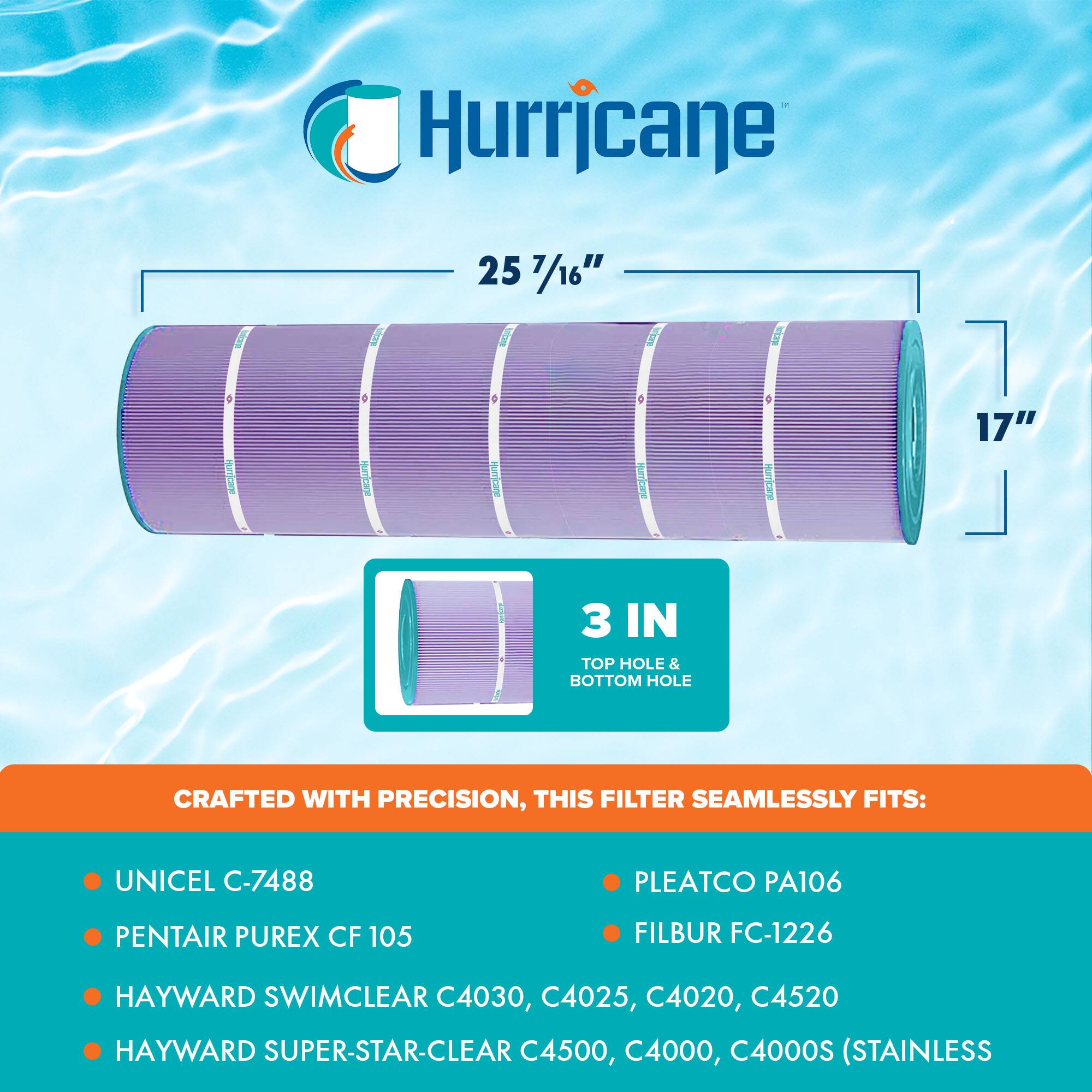 Hurricane

25 7/16" x 17" x 3 IN

CRAFTED WITH PRECISION, THIS FILTER SEAMLESSLY FITS:

- UNICEL C-7488
- PENTAIR PUREX CF 105
- HAYWARD SWIMCLEAR C4030, C4025, C4020, C4520
- HAYWARD SUPER-STAR-CLEAR C4500, C4000, C4000S (STAINLESS)
- PLEATCO PA106
- FILBUR FC-1226