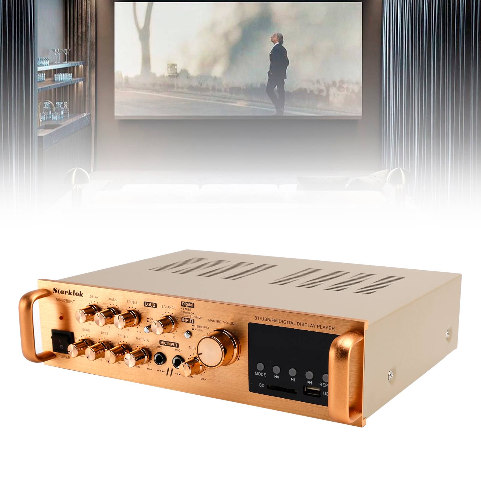 Starklok AV6288BT

BT/USB/FM DIGITAL DISPLAY PLAYER

- DELAY
- BASS
- TREBLE
- LOUD
- BALANCE
- DIGITAL
- INPUT
- MASTER VOLUME
- MIC VOL
- MIC INPUT
- POWER

- MODE
- SD
- USB