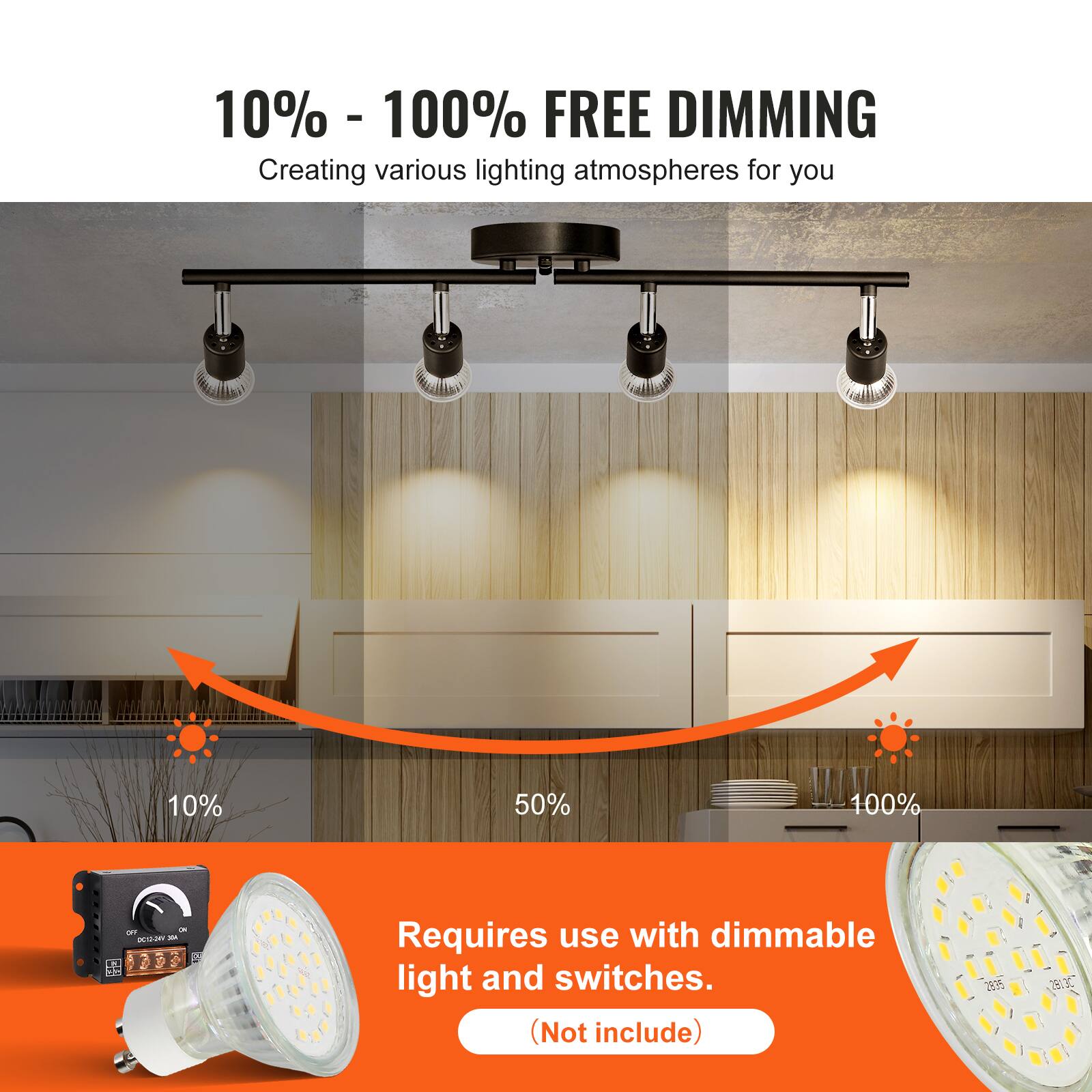10% - 100% FREE DIMMING  
Creating various lighting atmospheres for you  

10% 50% 100%  

Requires use with dimmable light and switches. (Not included)  

235 EXC