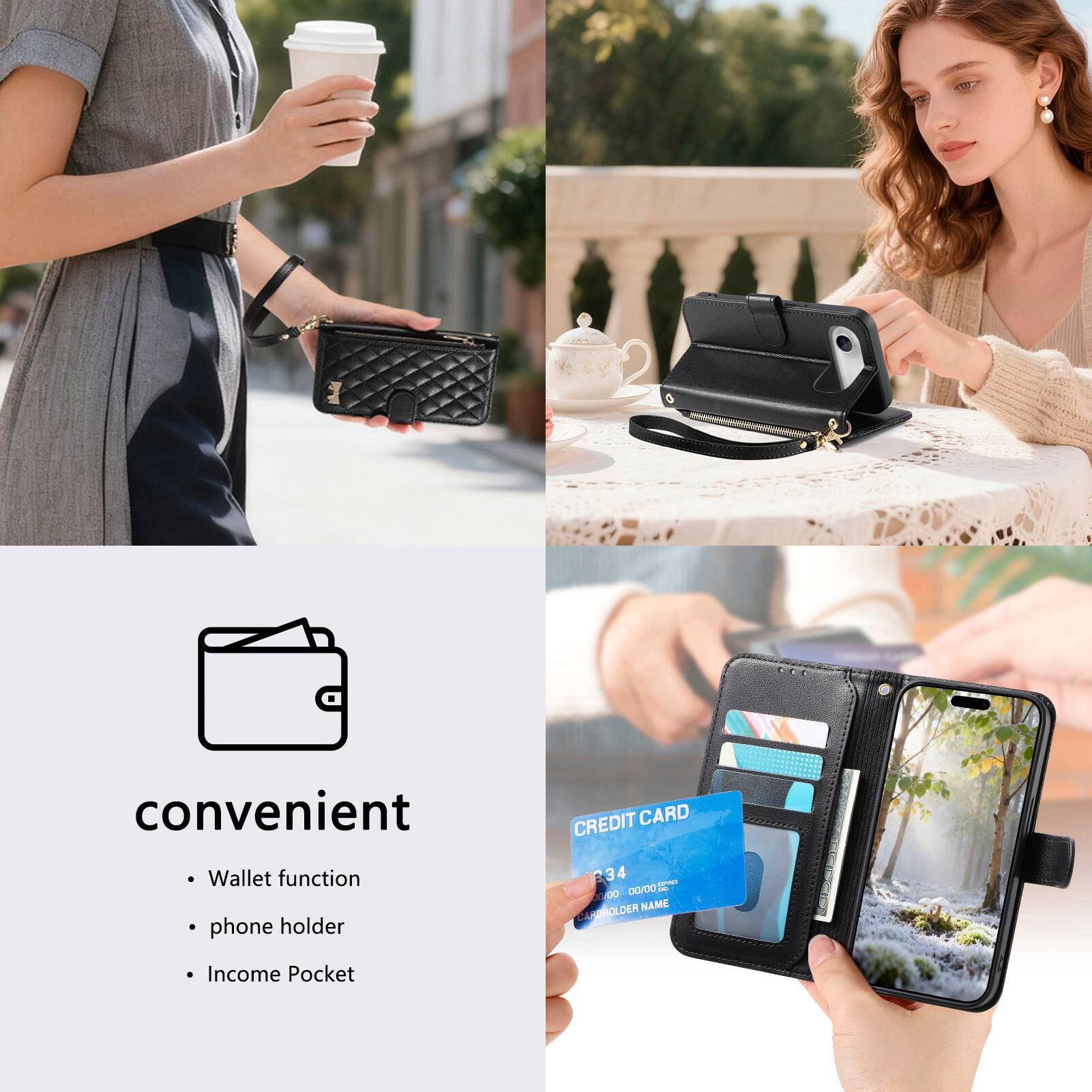 convenient  
- Wallet function  
- phone holder  
- Income Pocket  

CREDIT CARD  
1234 0000 0000 0000  
VALID THRU 00/00  
CARDHOLDER NAME - ANDMOL