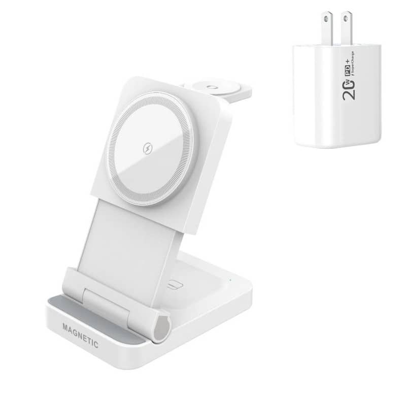 SKRAN - 3-in-1 Folding Desktop Charger  with Charging Port - Magnetic Wireless Charger for Apple, MagSafe Wireless Charging - White