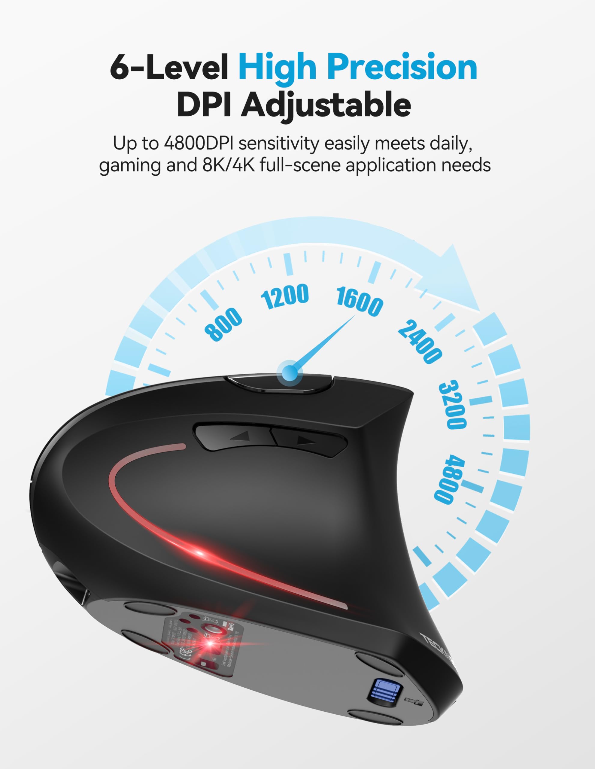 6-Level High Precision DPI Adjustable  
Up to 4800DPI sensitivity easily meets daily, gaming and 8K/4K full-scene application needs  

1200 1600 800 2400 3200 4800