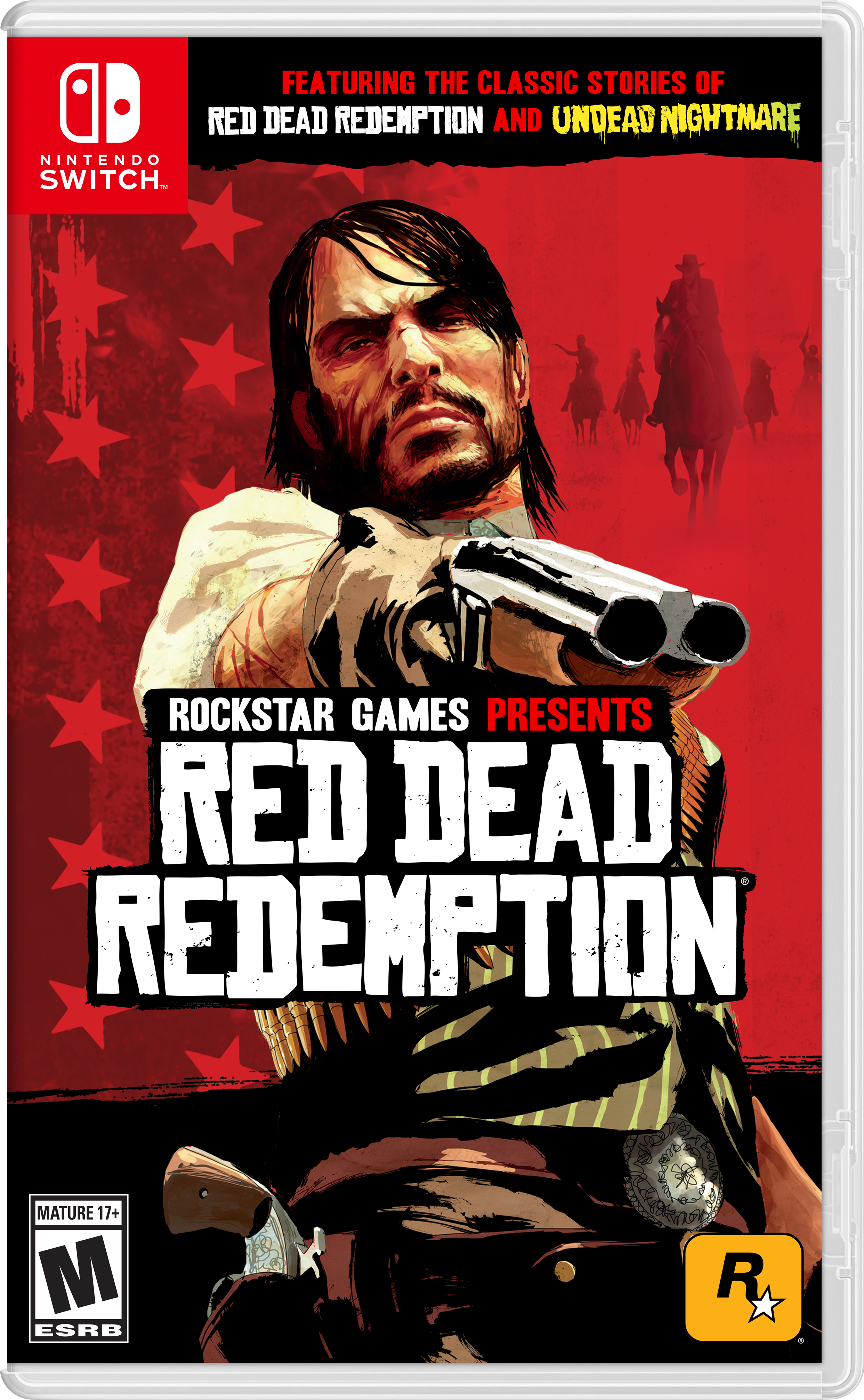 FEATURING THE CLASSIC STORIES OF  
RED DEAD REDEMPTION AND UNDEAD NIGHTMARE  

NINTENDO SWITCH  

ROCKSTAR GAMES PRESENTS  
RED DEAD REDEMPTION  

MATURE 17+  
M ESRB  

R - M (Mature 17+)