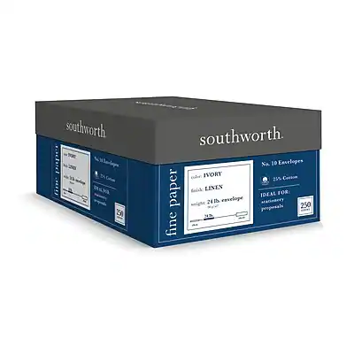 Southworth
Fine Paper
Ivory
Weight: 24 lb.
25% Cotton
24% Linen
No. 10 Envelopes
250 Envelopes
Ideal for Proposals