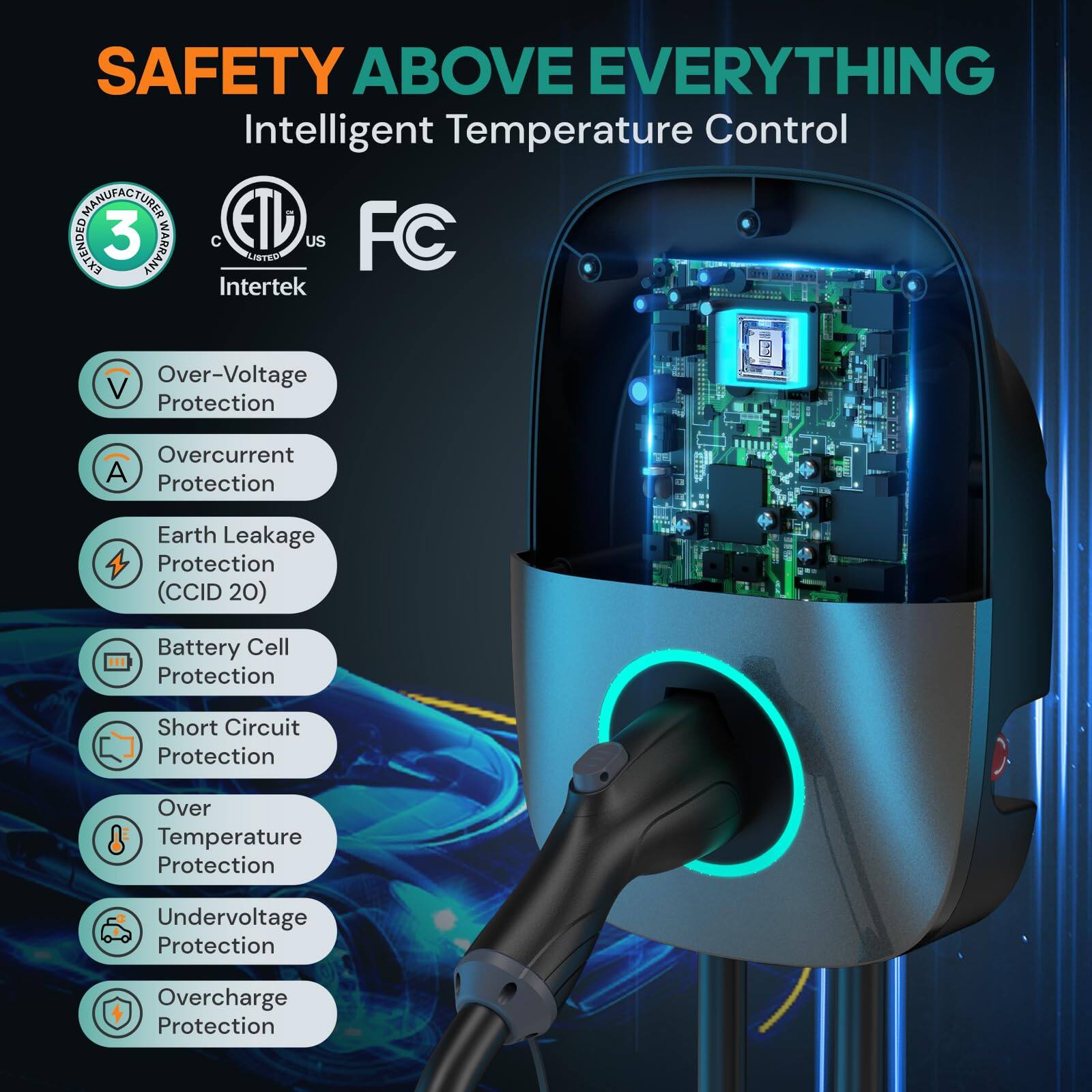 SAFETY ABOVE EVERYTHING  
Intelligent Temperature Control

- 3 Year Warranty
- ETL Certified
- FC Certified
- Intertek

- Over-Voltage Protection
- Overcurrent Protection
- Earth Leakage Protection (CCID 20)
- Battery Cell Protection
- Short Circuit Protection
- Over Temperature Protection
- Undervoltage Protection
- Overcharge Protection