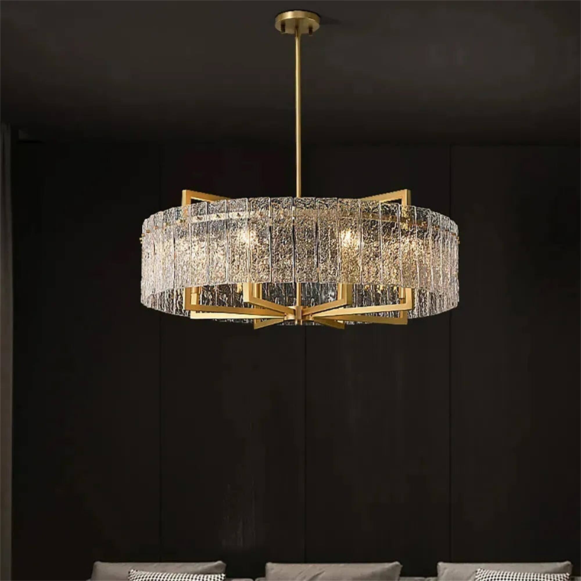 Back. Siljoy - 33-Inch 8-Light Cracked Glass Crystal Chandelier, Height Adjustable for Dining Living Room Kitchen Island - Gold.