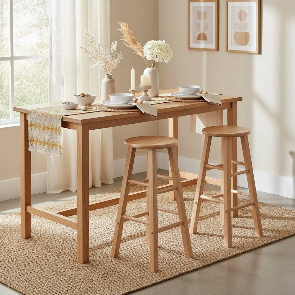 Alt View 2. FurniFact - 2-Pc Solid Wood Bar Stools - Natural.