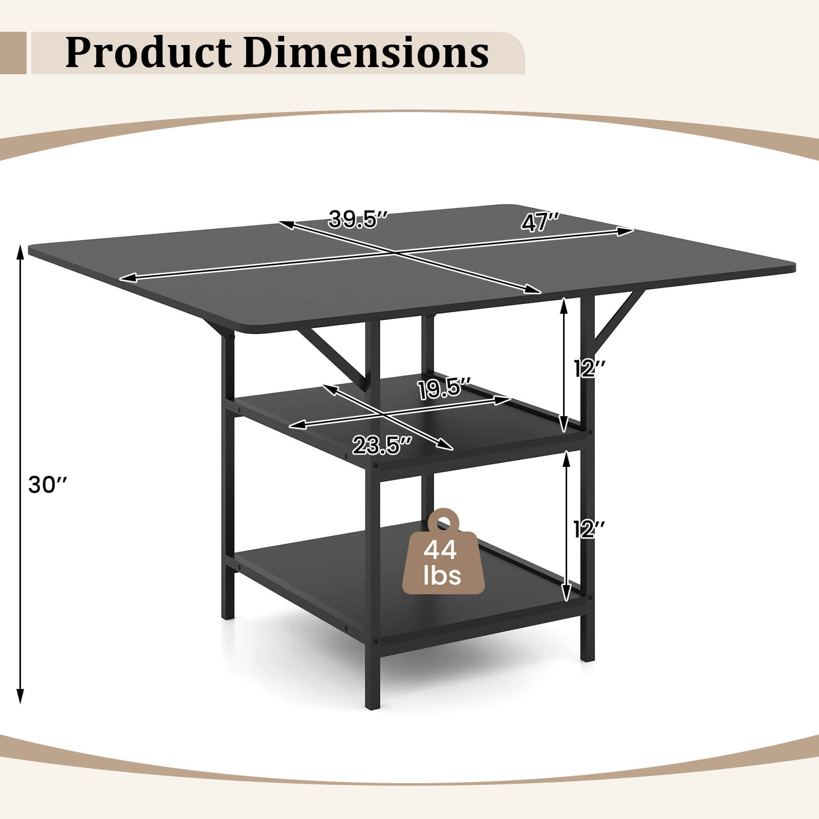Product Dimensions: 39.5" x 47" x 19.5" x 12" x 30" x 23.5" x 44 lbs