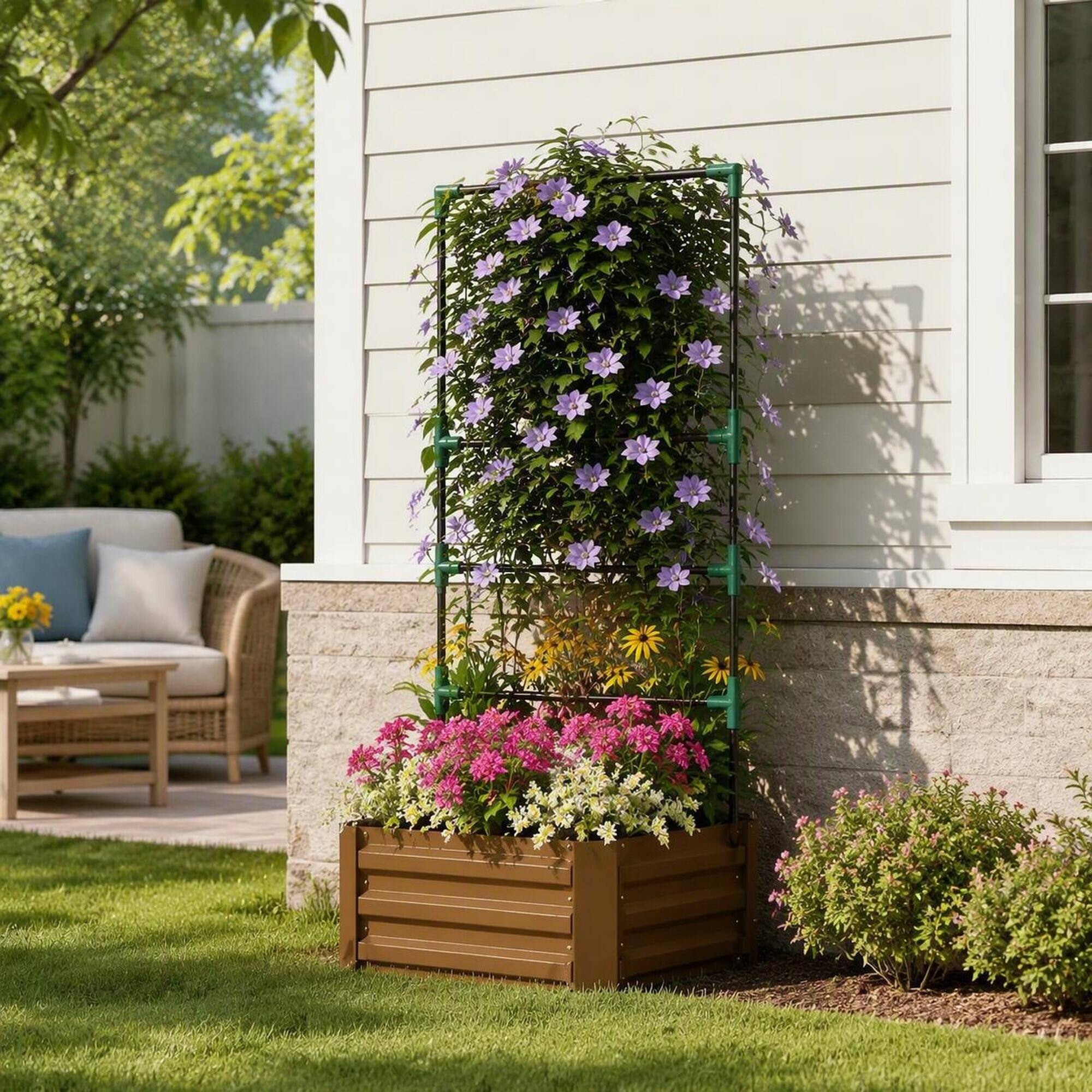 Angle. RYHNUYNE - Galvanized Raised Garden Bed with Tomato Cage Trellis for Climbing Vines, 24x24x55 Inch Brown Metal Planter Box - Brown.