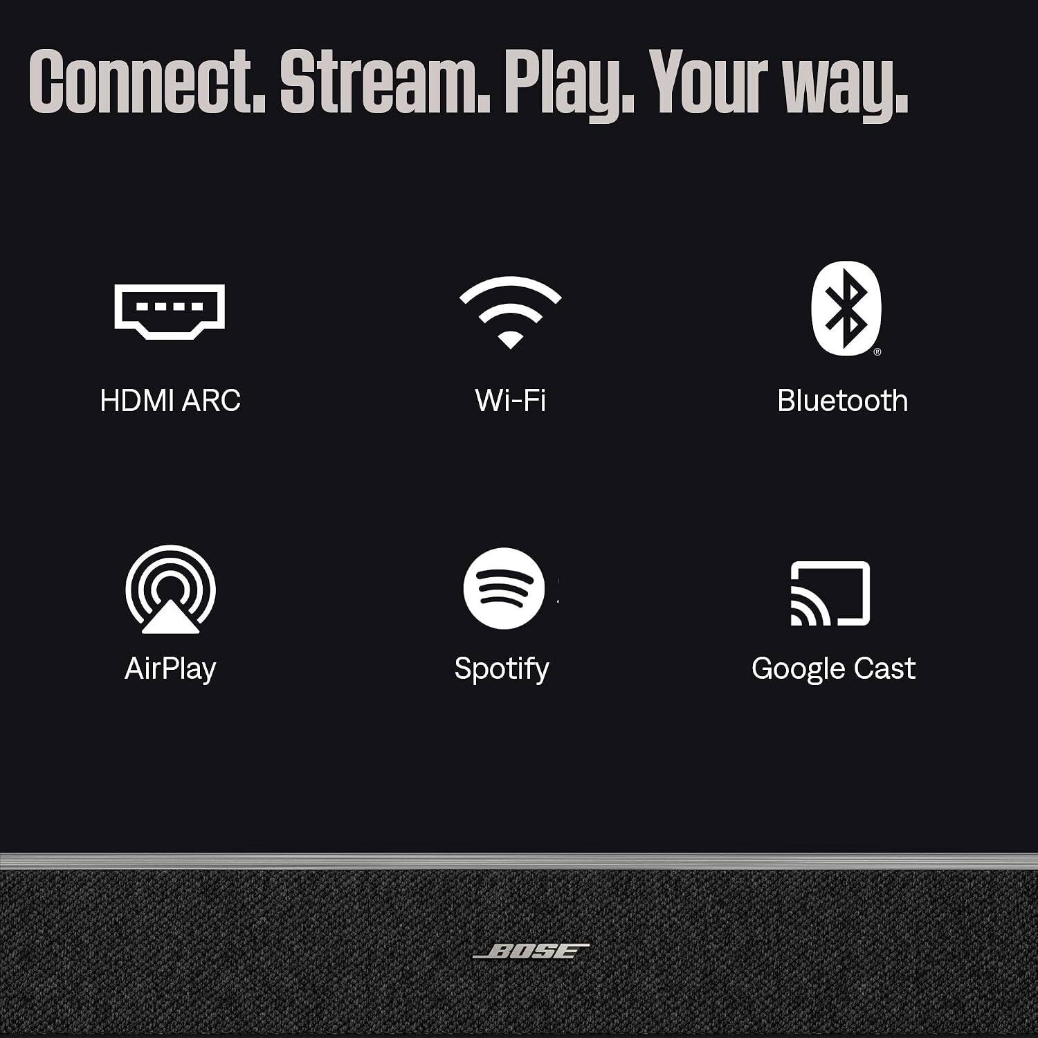 Connect. Stream. Play. Your way.  
HDMI ARC  
Wi-Fi  
Bluetooth  
AirPlay  
Spotify  
Google Cast  
BOSE
