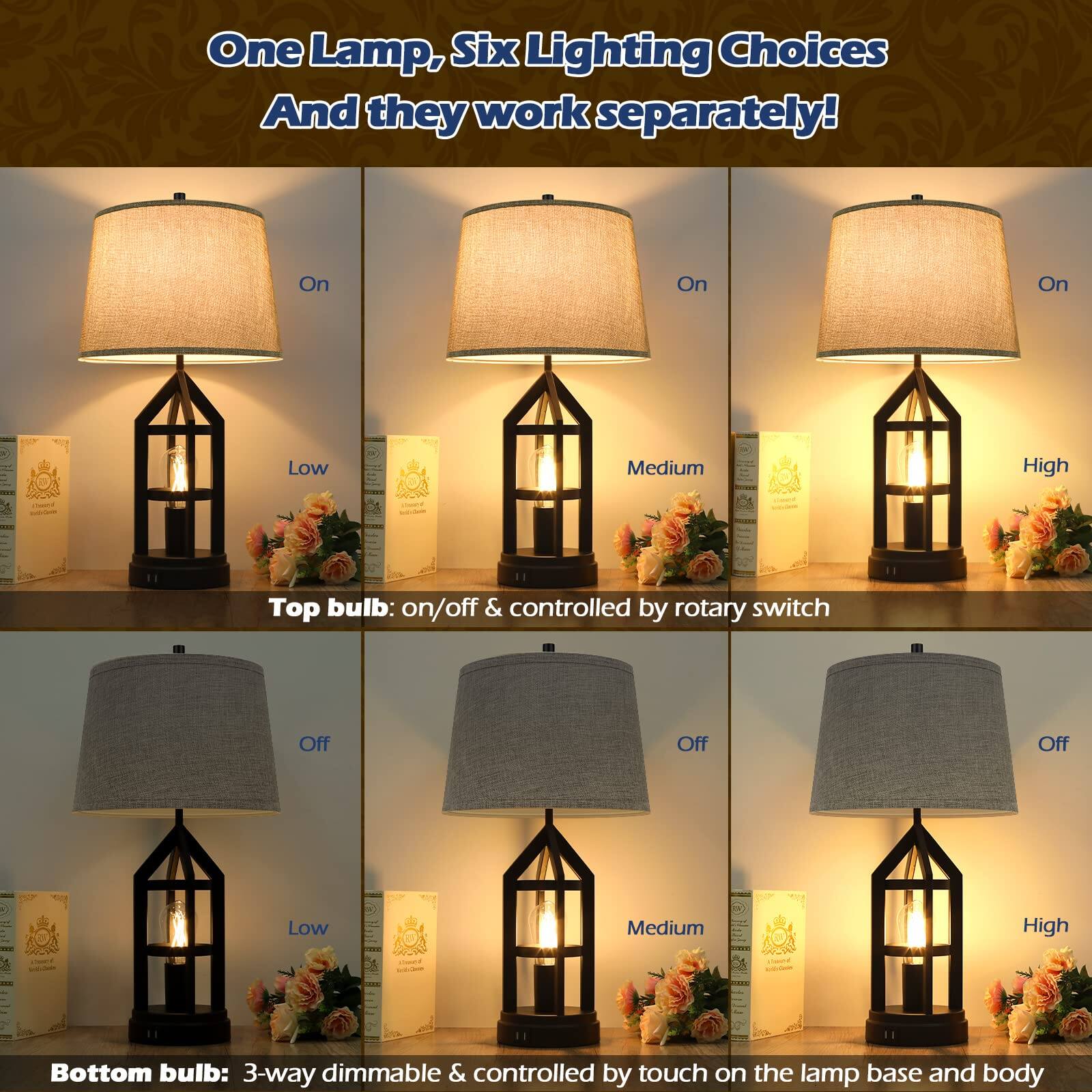 One Lamp, Six Lighting Choices  
And they work separately!  

Top bulb: on/off & controlled by rotary switch  
- On  
- Off  
- Low  
- Medium  
- High  

Bottom bulb: 3-way dimmable & controlled by touch on the lamp base and body  
- Off  
- Low  
- Medium  
- High