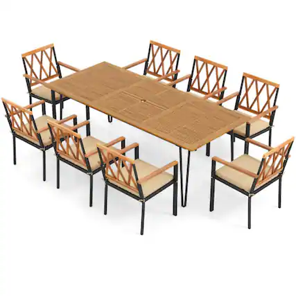 Front. Mondawe - Acacia Wood Outdoor Furniture Set 9 Pieces Patio Dining Set with 8 Chairs - Natural + Black.