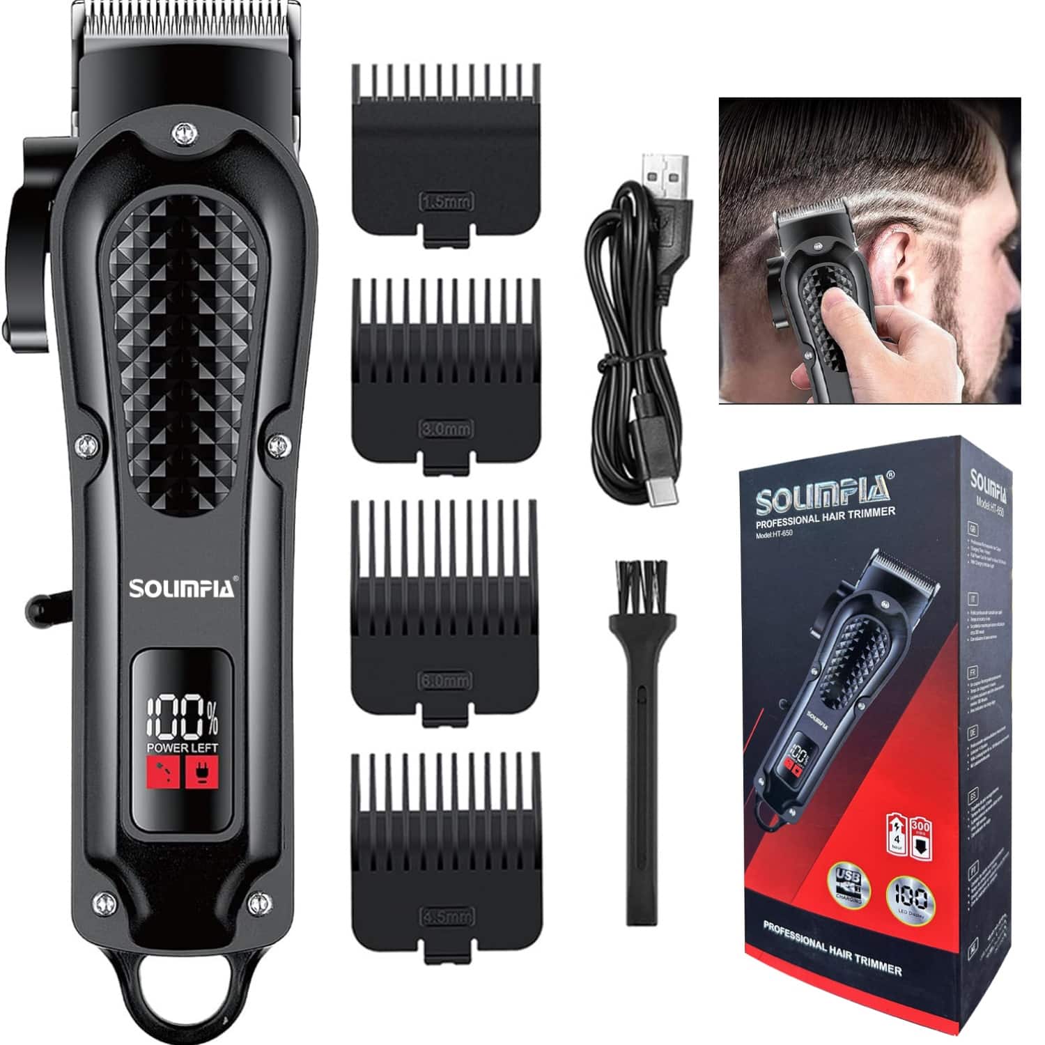 HATTEKER - Hair Clipper with Adjustable Taper Lever, LCD Display & USB Type-C Charging Cordless