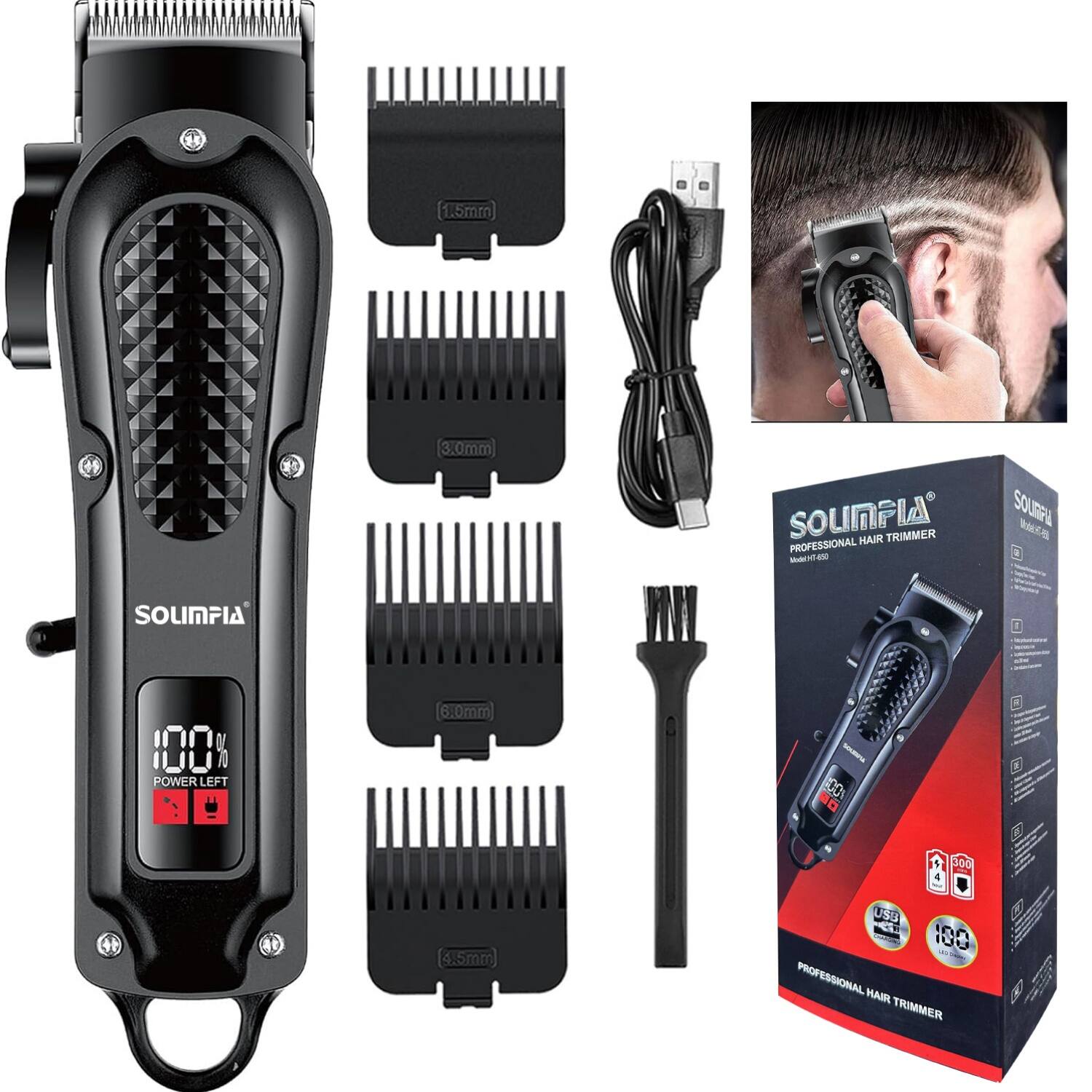 1.5mm  
3.0mm  
6.0mm  
3.5mm  

SOLIMPIA TRIMMER SOURFU PROFESSIONAL HAIR Model.hiT-650  
SOLIMPIA  
POWER LEFT 100%  
USB 100 PROFESSIONAL HAIR TRIMMER