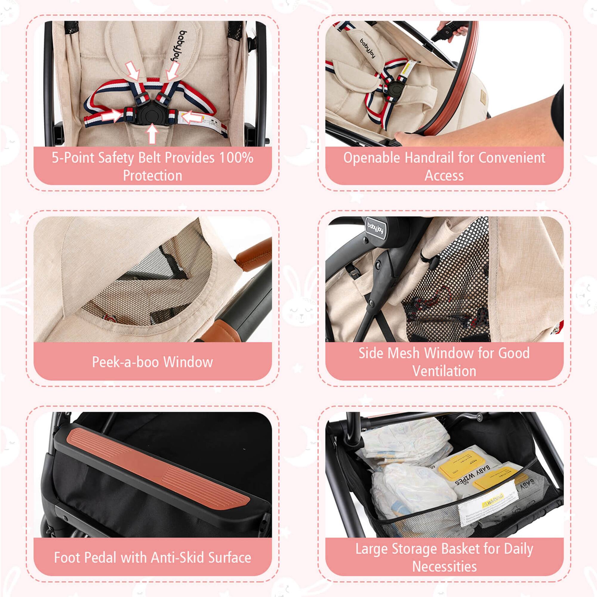 5-Point Safety Belt Provides 100% Protection, Openable Handrail for Convenient Access, Peek-a-boo Window, Side Mesh Window for Good Ventilation, Foot Pedal with Anti-Skid Surface, Large Storage Basket for Daily Necessities