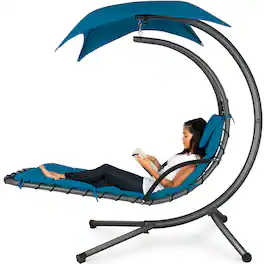 Best Choice Products - Hanging Curved Chaise Lounge Chair Swing for Backyard, Patio w/ Pillow, Shade, Stand - Peacock Blue