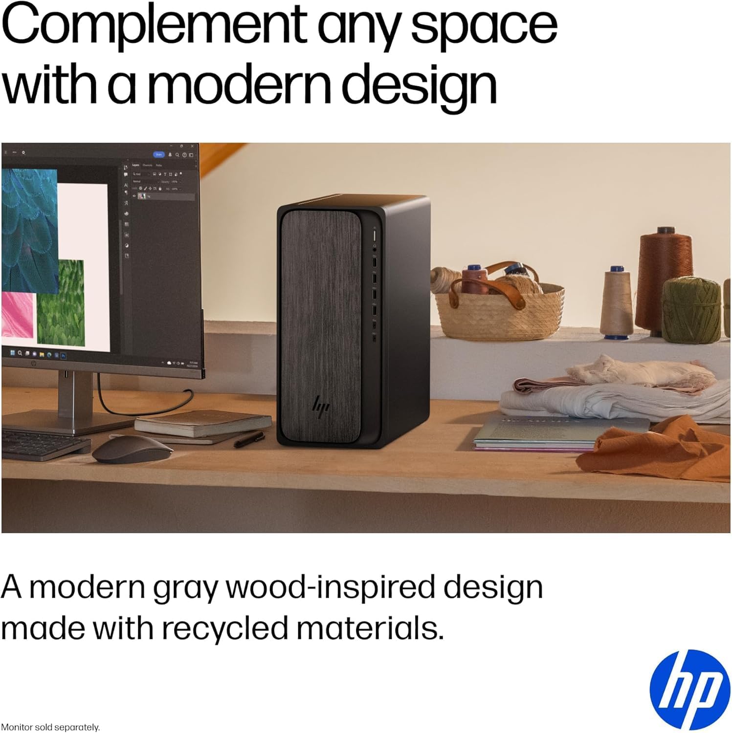 Complement any space with a modern design

A modern gray wood-inspired design made with recycled materials.

Monitor sold separately.