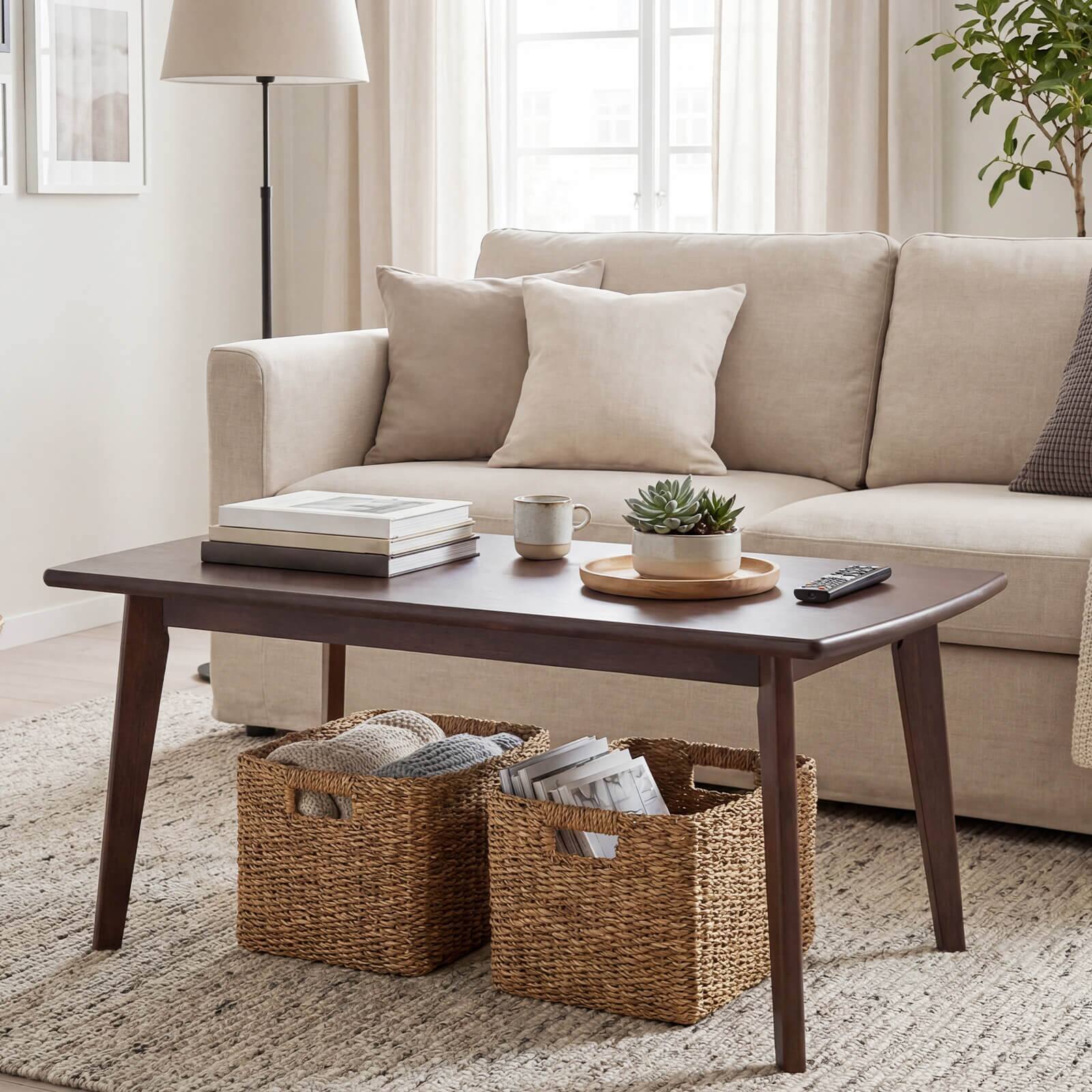 Alt View 3. Costway - Costway 34.5" Solid Wood Coffee Table with Tapered Legs, Low Cocktail Table for Home Office - Walnut.